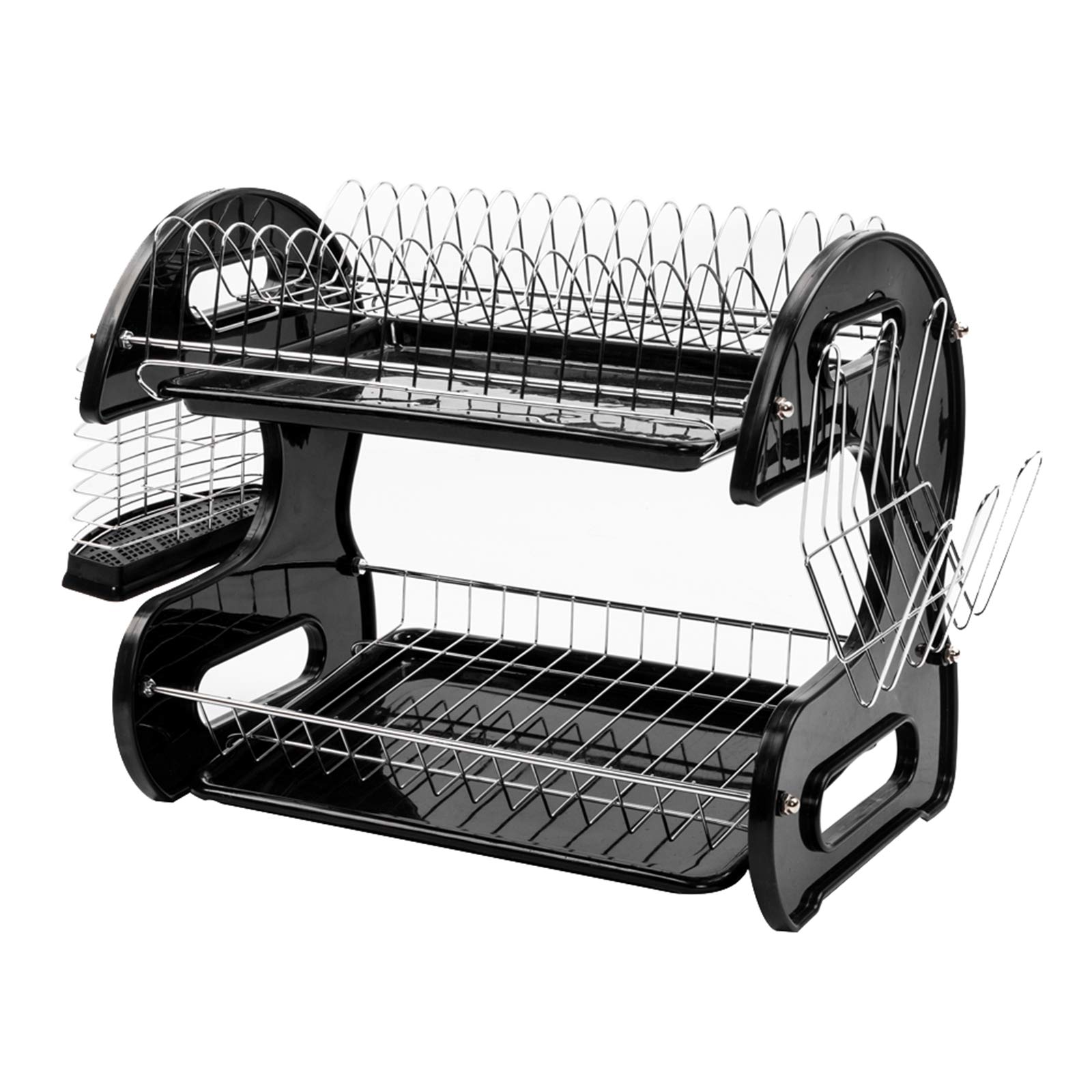 2-Tier Plastic Dish Drying Rack with Drainboard & Utensil Holders - Space Saving Kitchen Counter Organizer for Plates, Cups & Cutlery (Black/Silver, 17.3