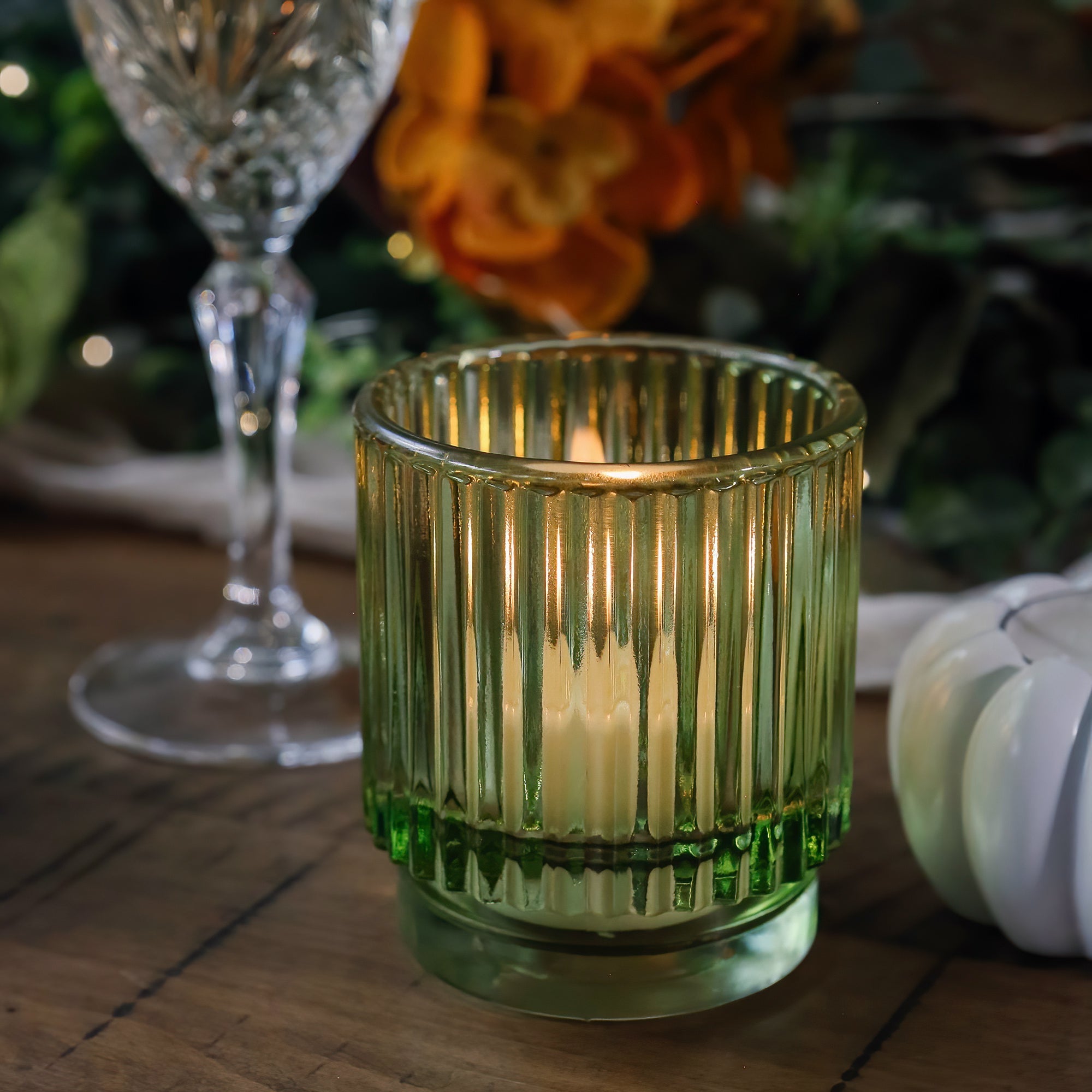 Elegant Ribbed Green Glass Votive Candle Holders - Set of 6 for Home Decor, Wedding Centerpieces & Romantic Ambiance Lighting