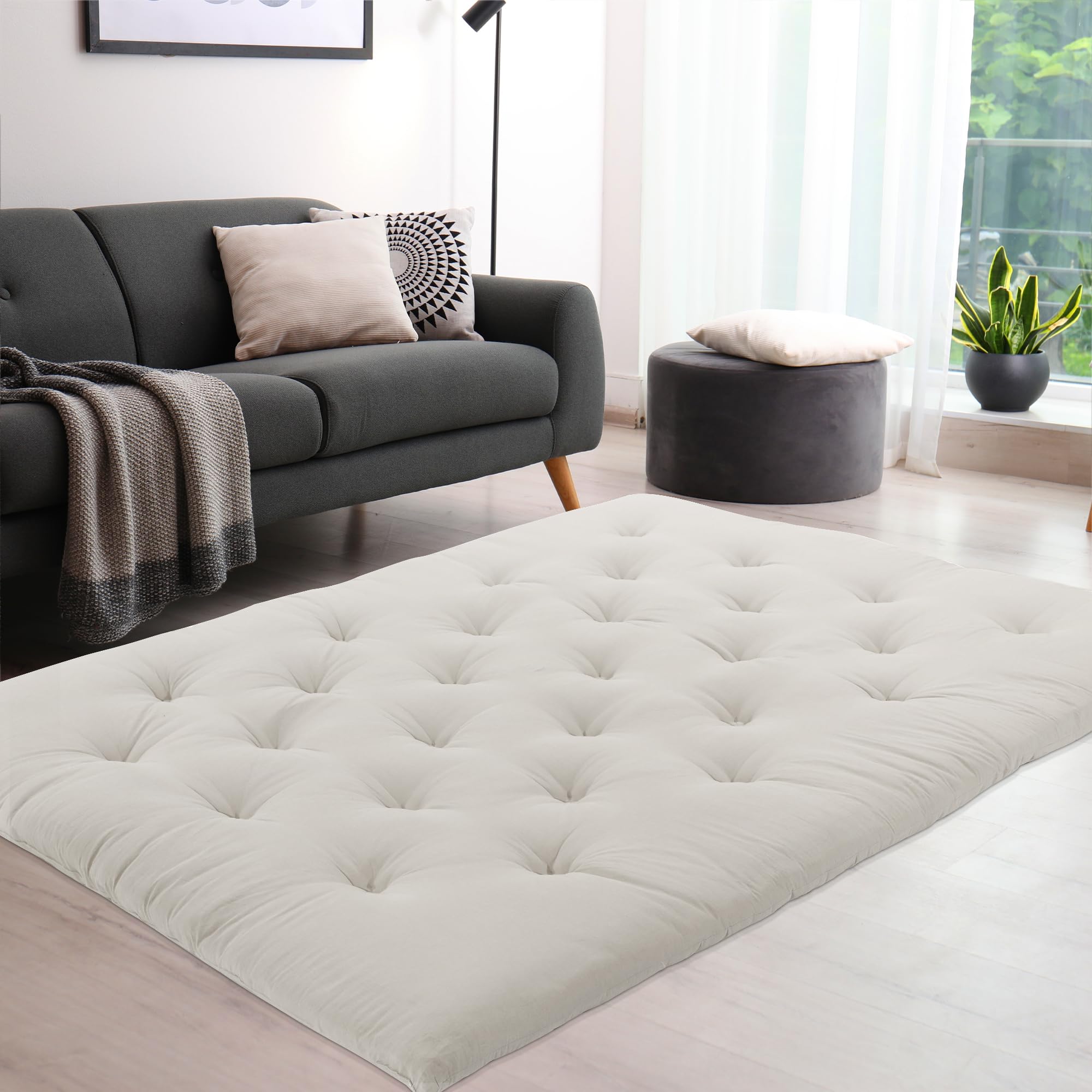 HOMBYS Japanese Floor Mattress Queen Size - Foldable Tatami Mat, 100% Cotton Shell Futon Mattress for Adults & Kids | Dormitory Sleeping Pad, Roll-Up Lounger Bed (80