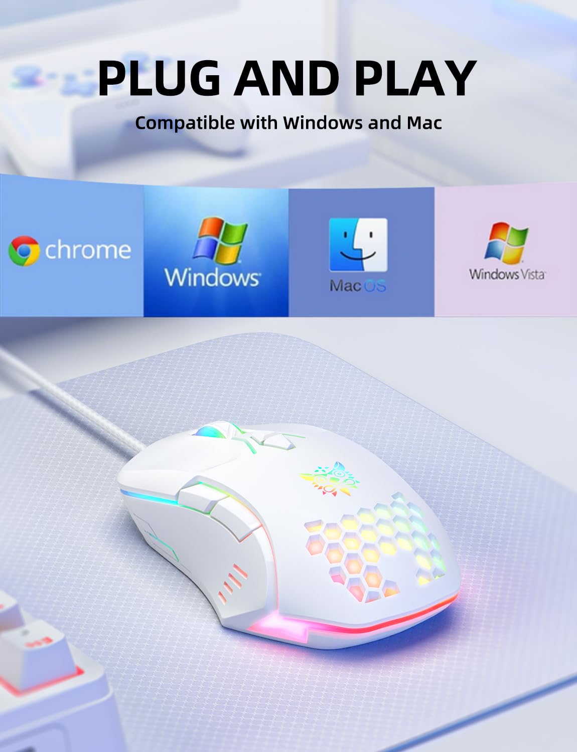 Premium Wired Gaming Mouse with High Precision Sensor, RGB Backlit, Adjustable DPI (800-6400), 7 Programmable Buttons - Ergonomic Design for PC, Mac, Linux & Chrome OS - Perfect for FPS, MOBA Games & Office Work (White)