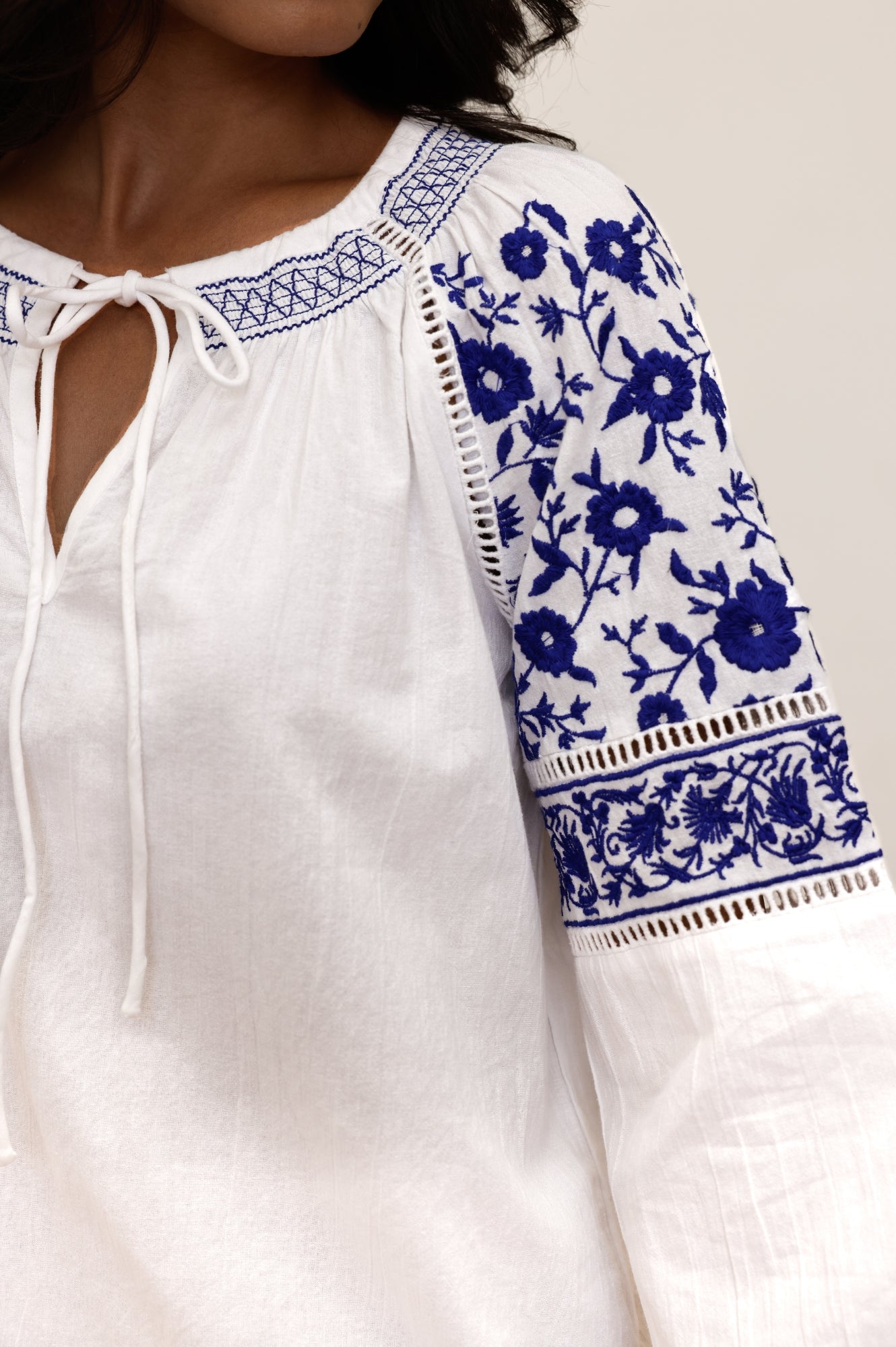 Ida Embroidered Top for Women - White & Cobalt Blue Floral Blouse | Perfect for Casual Wear, Office Outfits & Summer Fashion