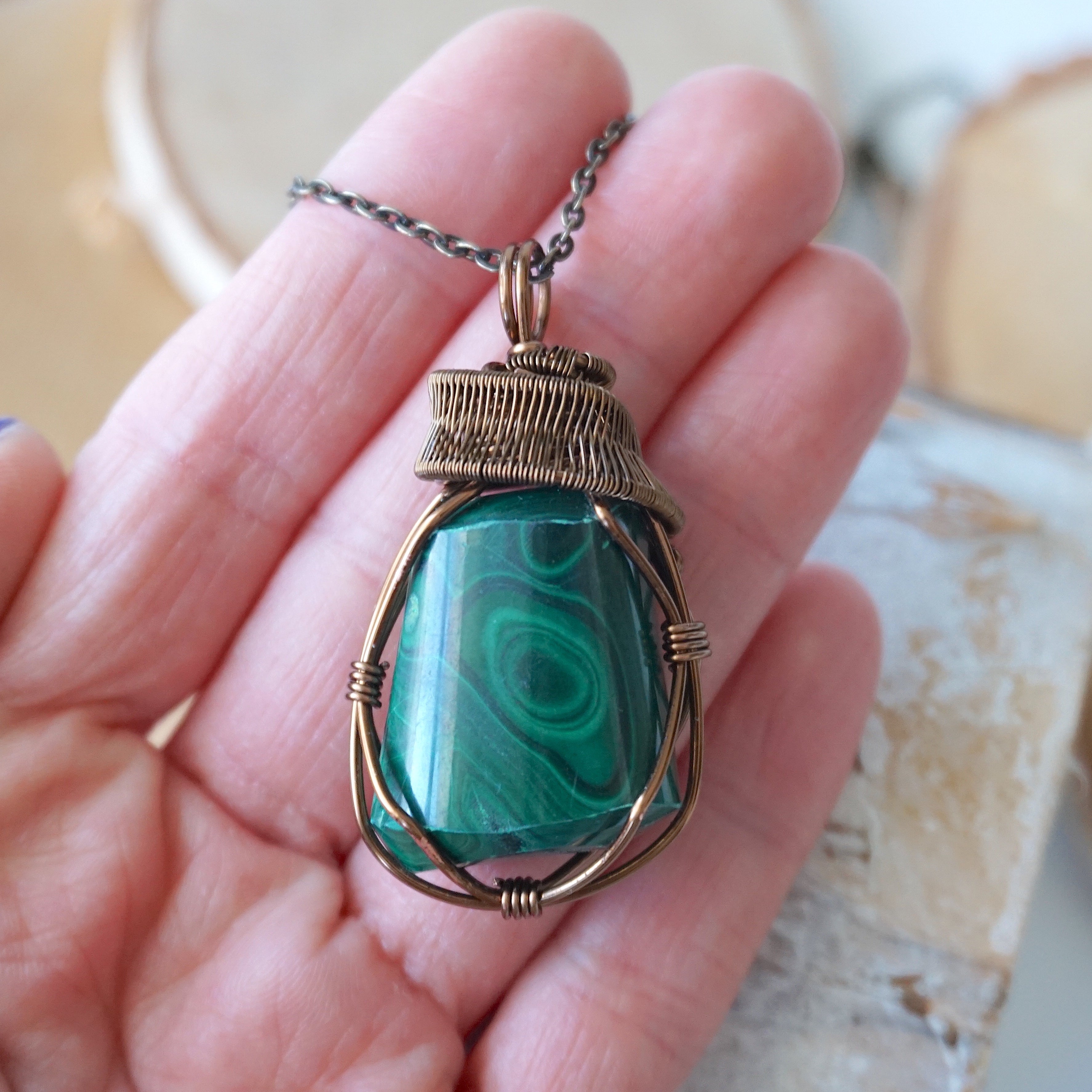 Raw Malachite Necklace with Antique Bronze Pendant - Natural Gemstone Jewelry for Women, Boho Chic Accessory | Perfect for Spiritual Healing, Meditation & Everyday Wear