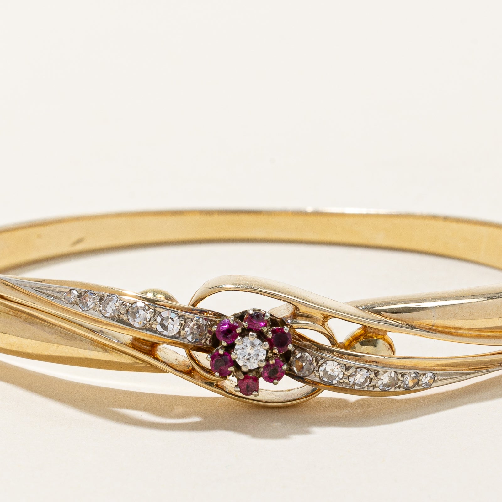Exquisite Diamond & Ruby Flower Bangle - 0.38ctw Diamonds & 0.25ctw Rubies - 6.5 Inch Adjustable Bracelet - Perfect for Weddings, Anniversaries & Special Occasions