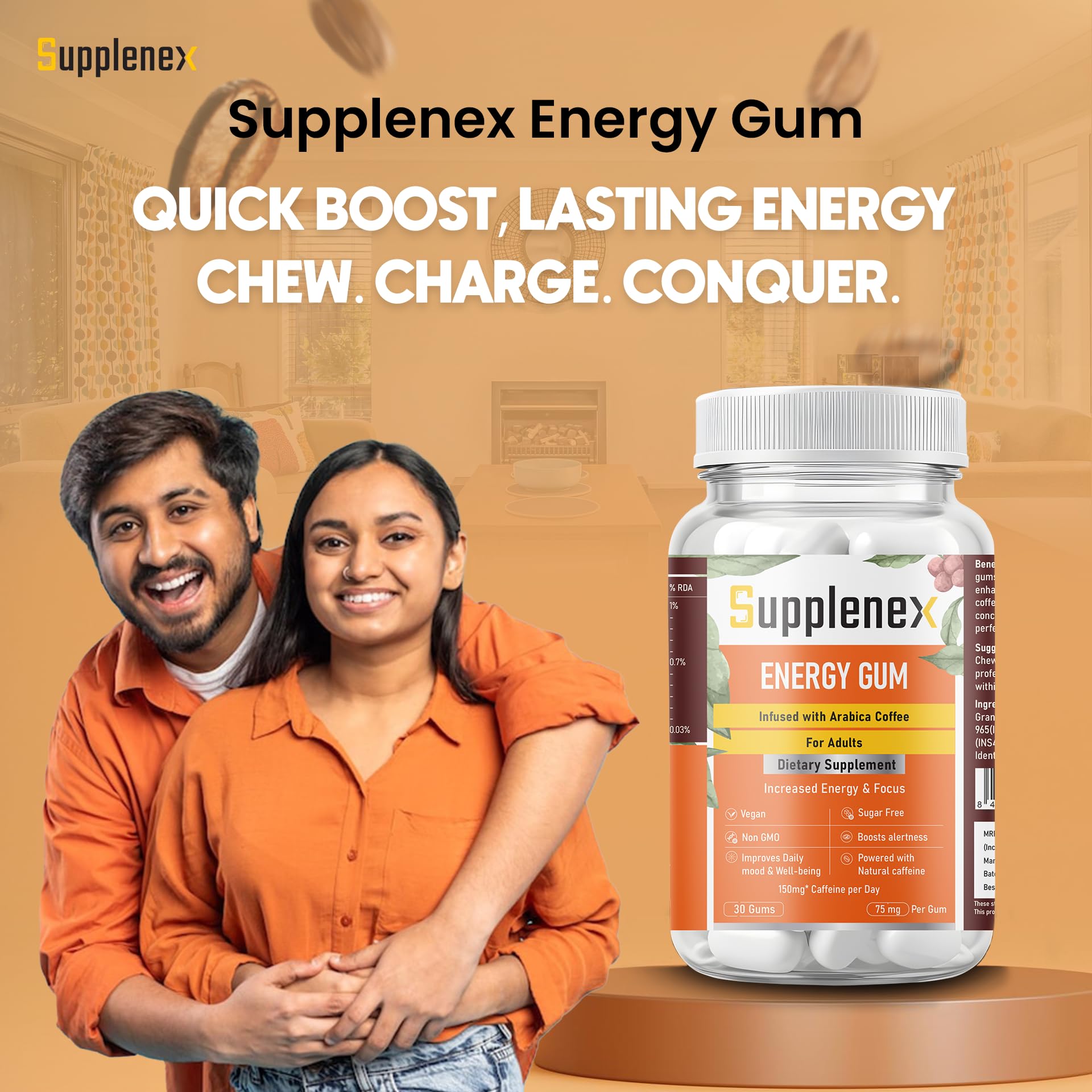 Supplenex Energy Gum - Caffeine Infused Chewing Gum for Men & Women | Sugar-Free Arabica Coffee Energy Boost | Pack of 30 Power Gummies | Perfect for Workouts, Study & Long Drives