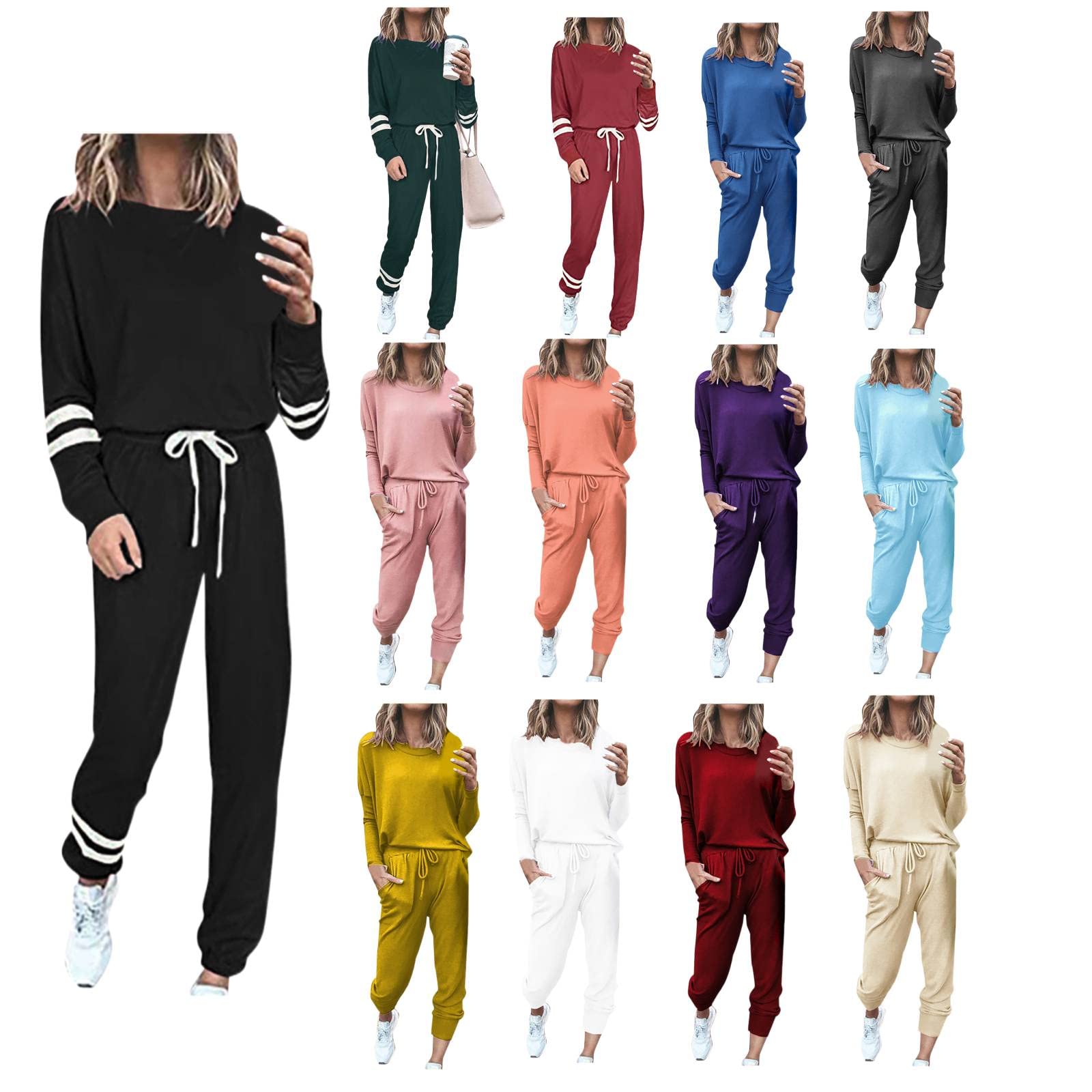 Women's 2-Piece Workout Set - Loose Crewneck Sweatshirt & Elastic Waist Sports Pants with Pockets | Gym, Yoga, Running & Lounge Wear
