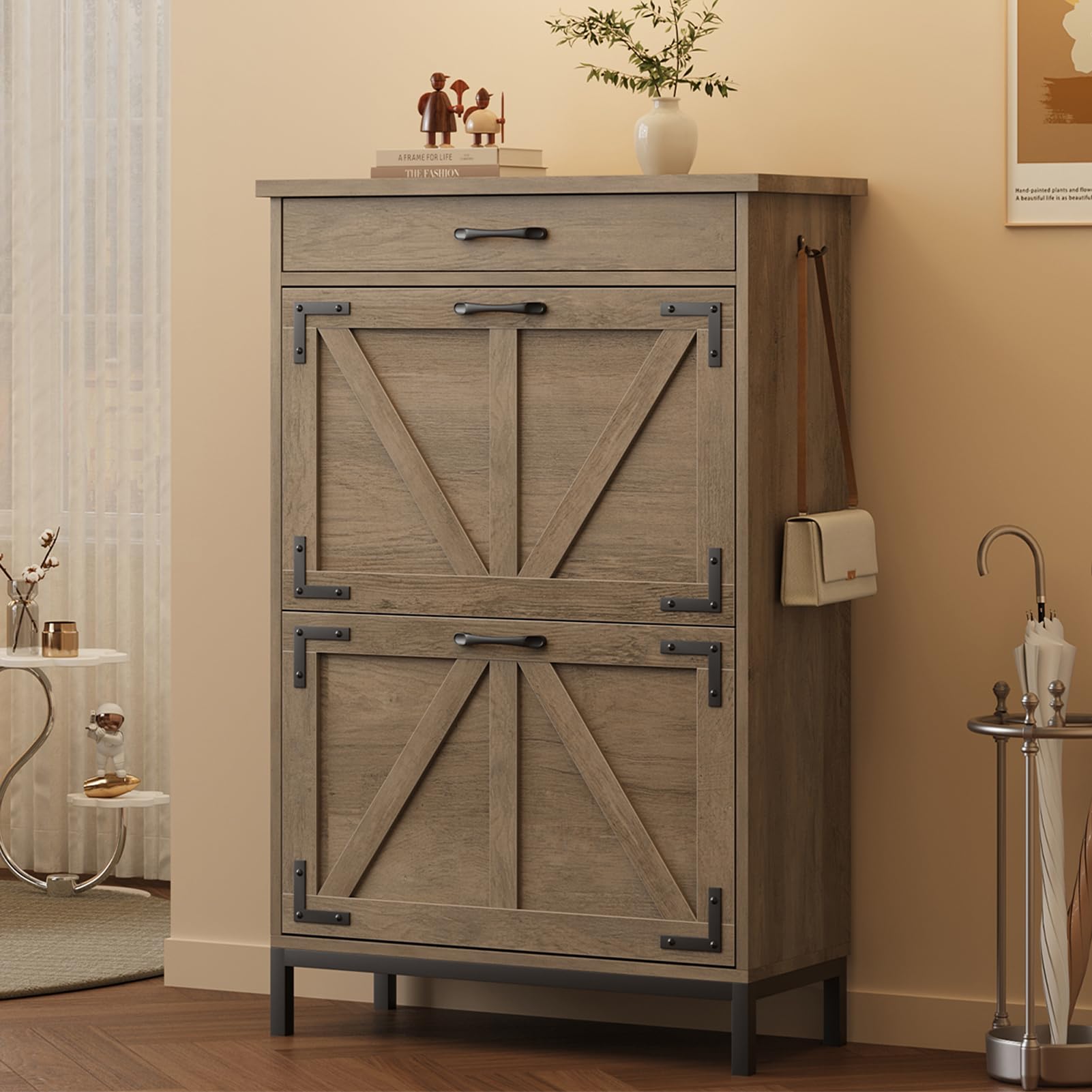 Farmhouse Narrow Shoe Cabinet with 2 Flip Drawers - Free Standing Hidden Shoe Storage Organizer for Entryway, Foyer, Hallway - Space Saving Grey Shoe Rack | Perfect for Small Apartments, Closet Organization & Mudroom Storage