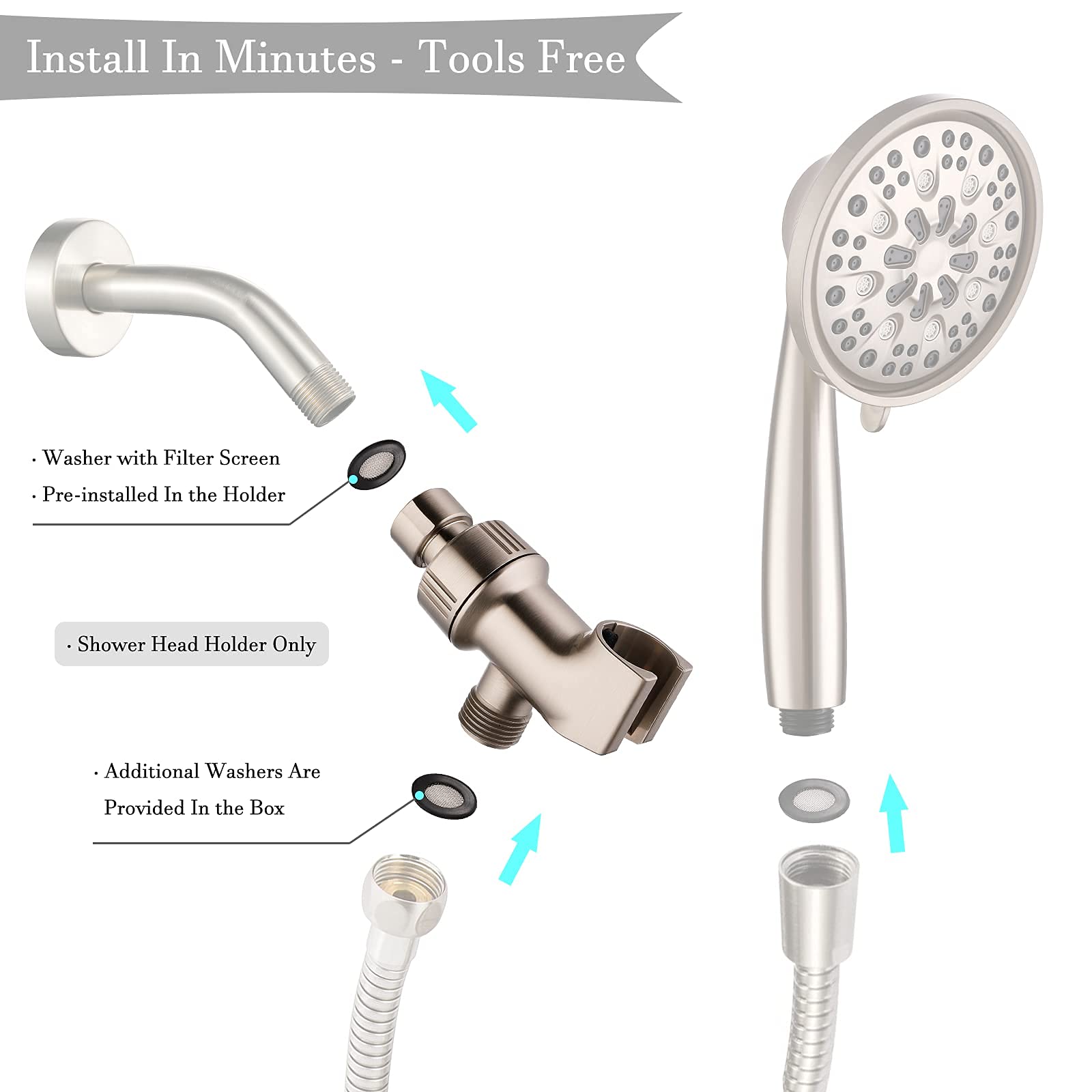 2-Pack Universal Shower Head Holder with Adjustable Brass Pivot - Brushed Nickel Finish | Shower Hose & Wand Mount Bracket for Bathroom, Spa & RV Use