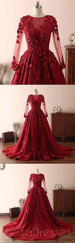 Elegant Long Sleeve Lace Dark Red Evening Prom Dress - Custom Sweet 16 Gown for Formal Events, Parties & Special Occasions | Style 18533