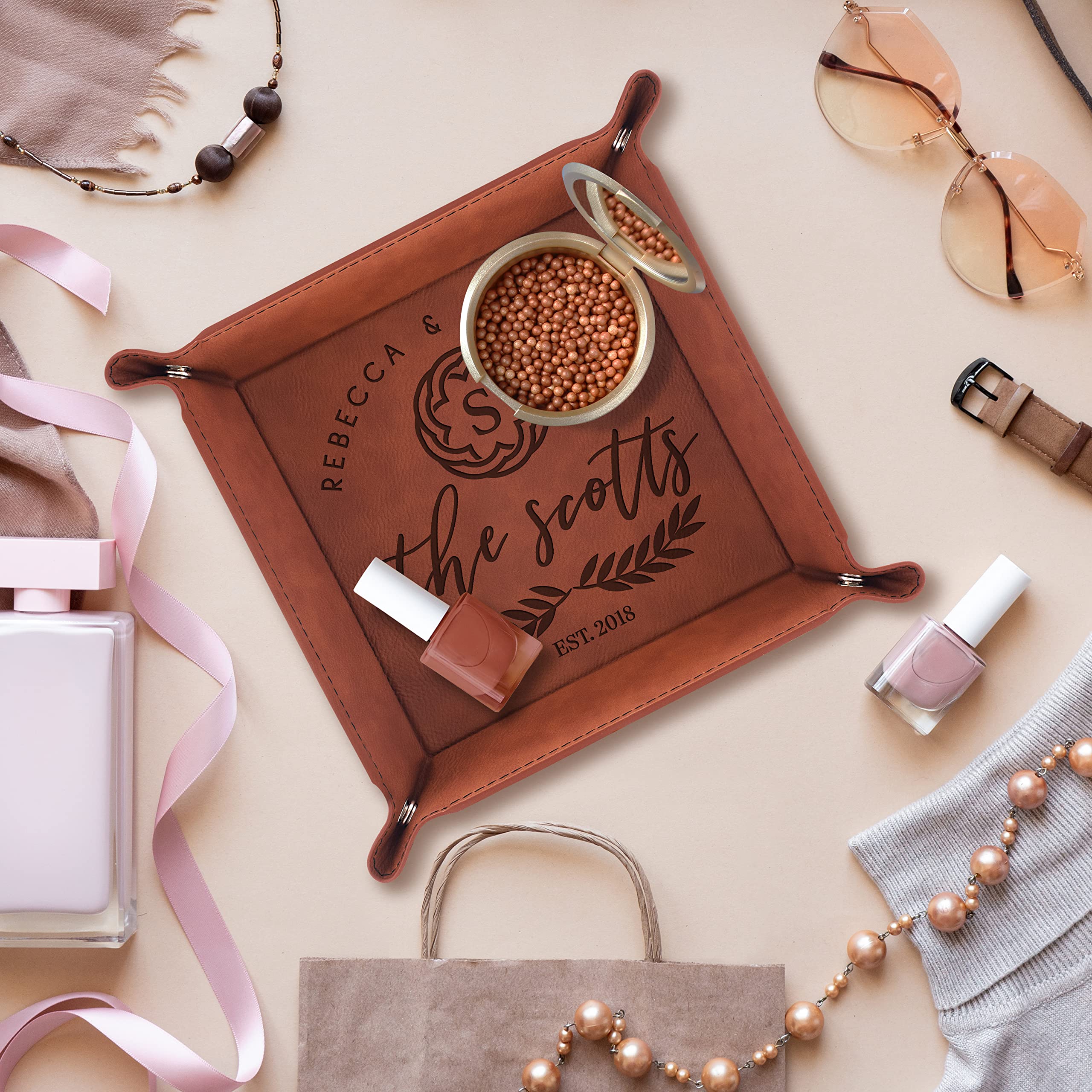 **Personalized Engraved Leather Tray for Couples - Custom Name & Date - Anniversary & Housewarming Gift for Newlyweds - Brown Catchall Tray - Entryway Table Decor - Perfect for Keys, Jewelry & Coins**