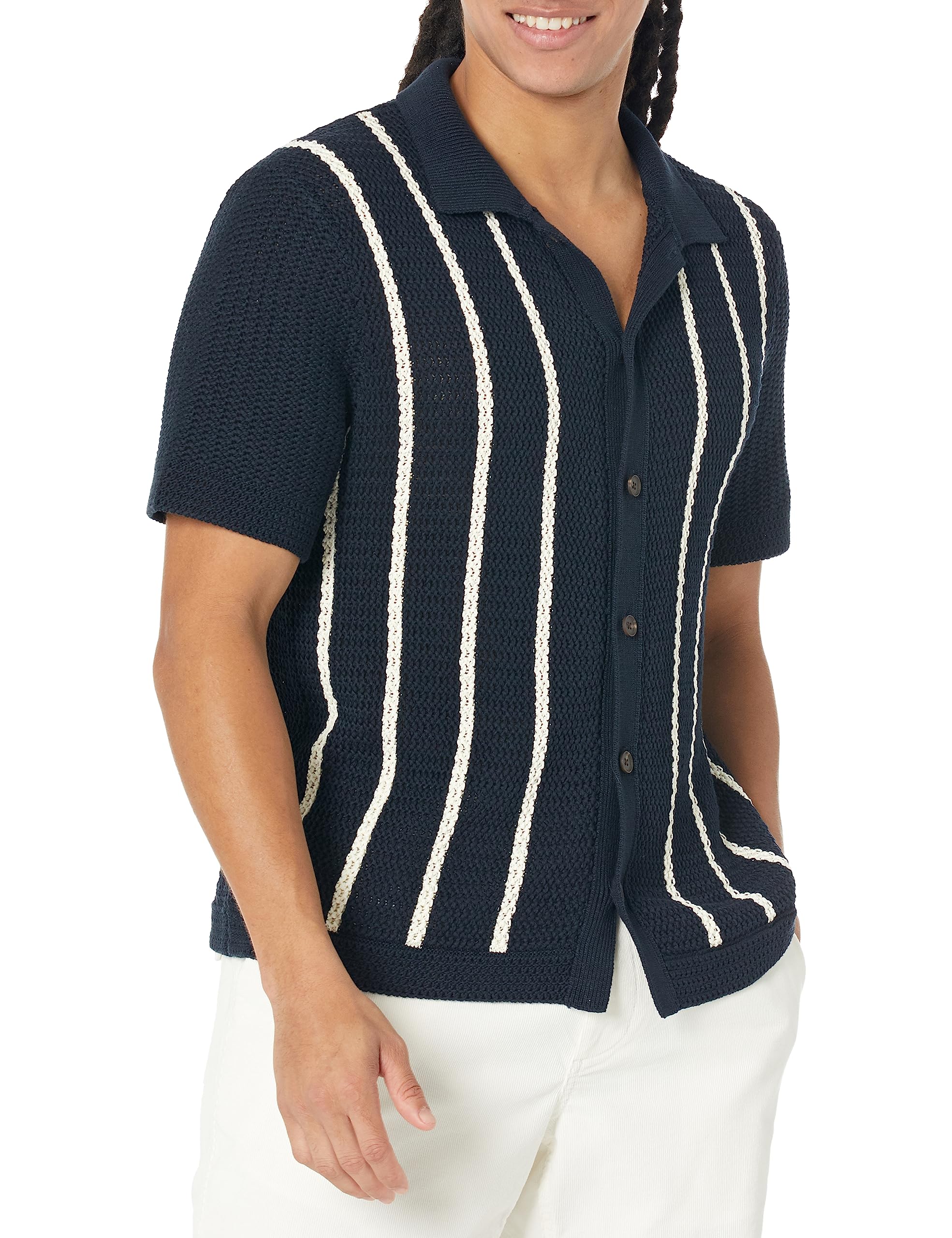 Vince Men's Crochet Stripe Button Down Shirt - Casual Summer Beach Shirt for Men, Lightweight Breathable Button-Up for Outdoor Activities and Vacation Wear