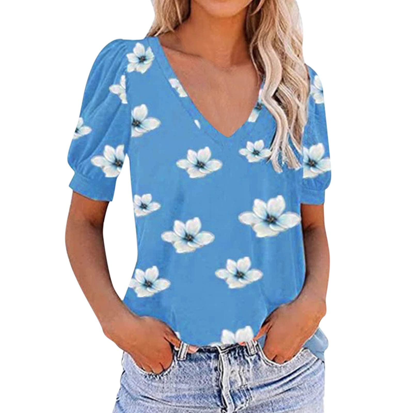 Women's Casual Printed V-Neck T-Shirt with Puff Sleeves & Ruched Detail - Elegant Summer Blouse for Women | Perfect for Beach Outings, Date Nights & Summer Vacations