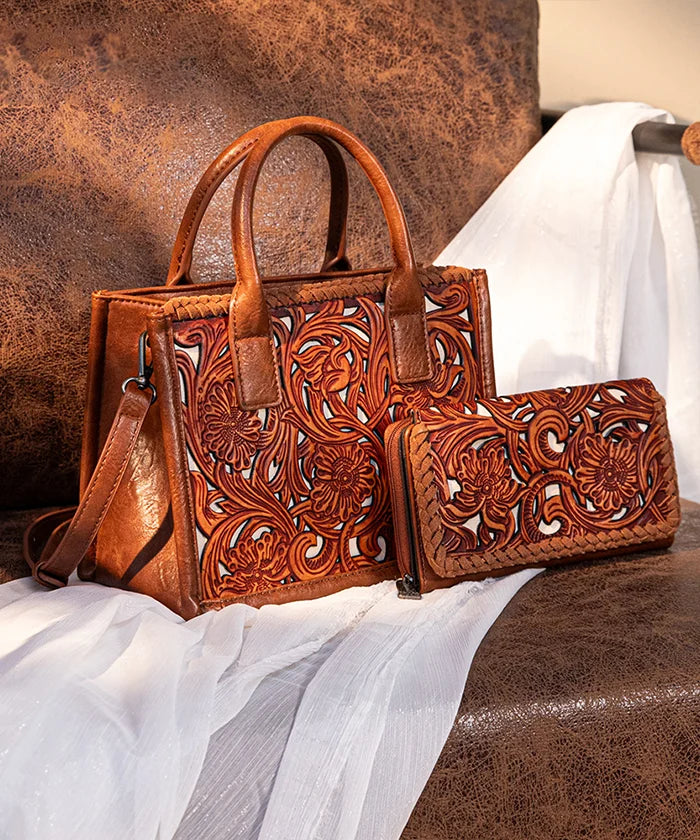 Trinity Ranch Genuine Leather Tooled Tote Bag - Western Style Handbag for Women, Perfect for Work, Travel and Everyday Use