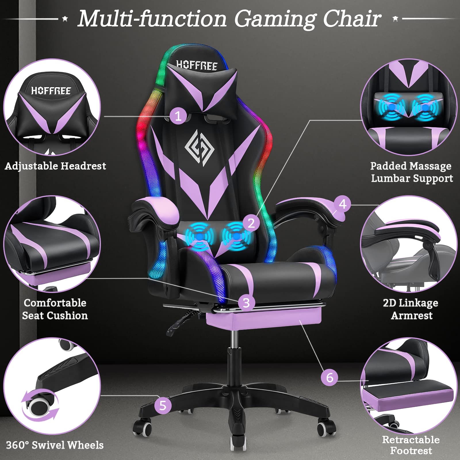 Ergonomic Massage Gaming Chair with Bluetooth Speakers & RGB LED Lights - High Back Computer Chair with Lumbar Support, Footrest - Purple & Black for PC Gaming, Home Office & Entertainment