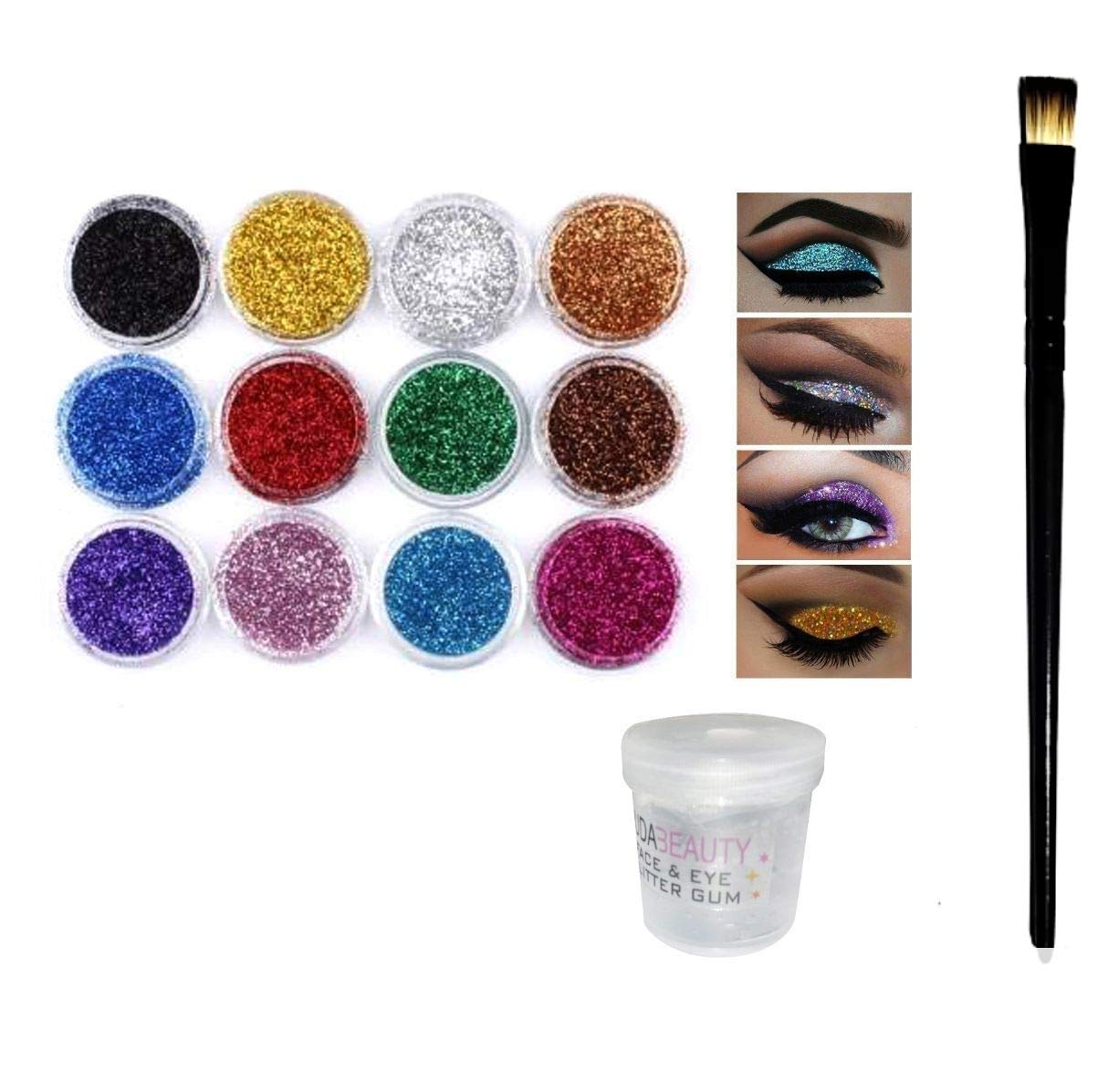 12 Pack Red Multi-Color Glitter Eye Shadow Balloons - Shimmer Dry Thick Glitters with Eye Glue & Applicator Brush for Party Makeup, Halloween Costumes, Festival Face Painting