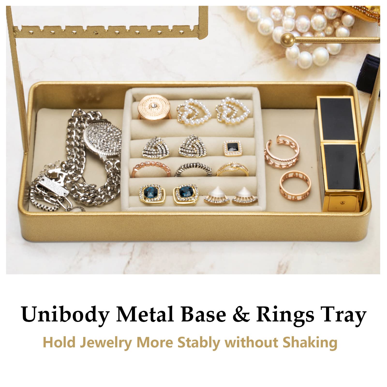 4-Tier Jewelry Organizer Stand with Metal Tray - Gold Earring Holder for Necklaces, Bracelets, Rings & Stud Earrings | Perfect for Bedroom Vanity, Closet Storage & Travel Jewelry Organization