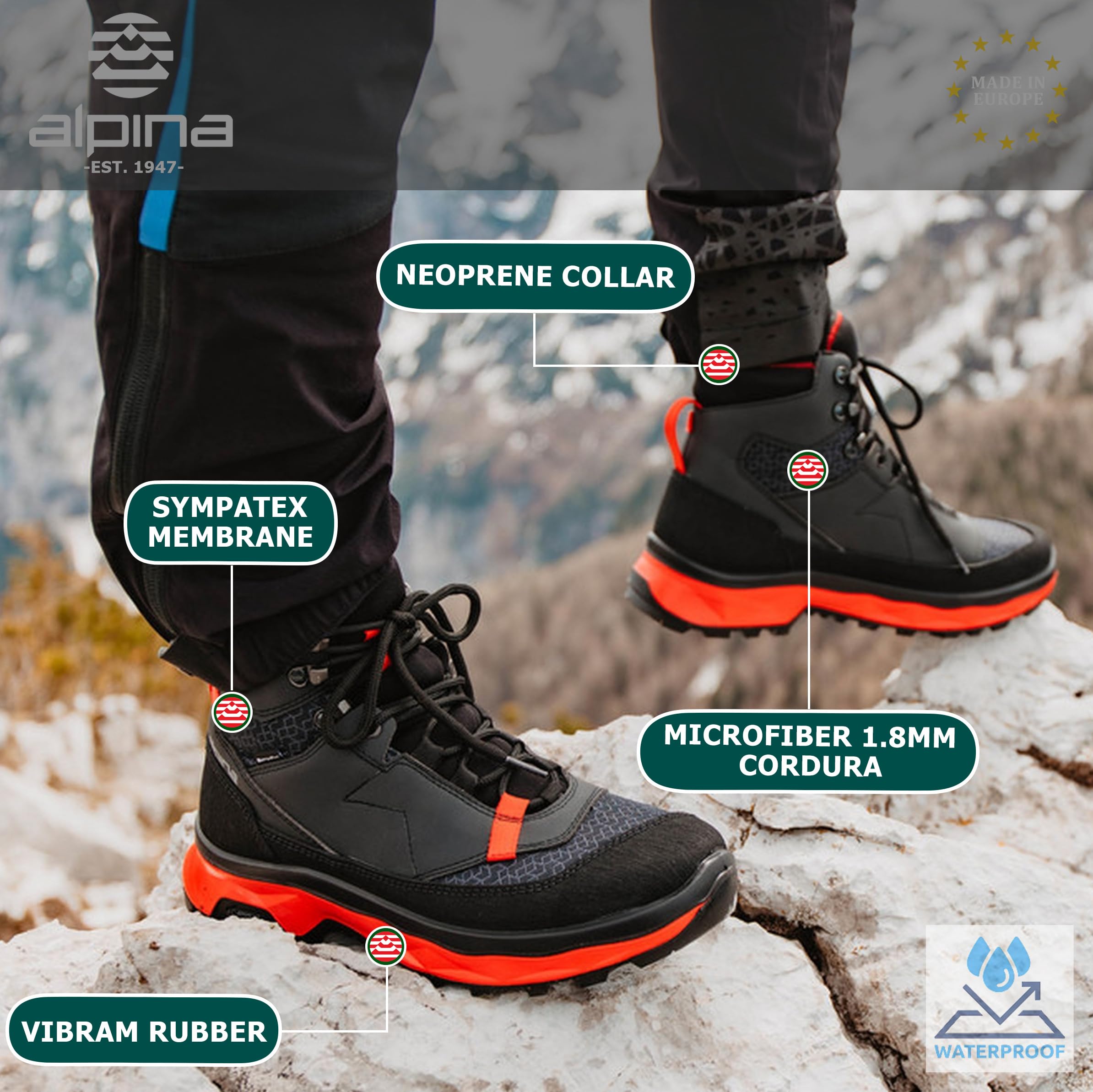 Alpina Men's Waterproof Hiking Boots - Premium Performance Microfiber Upper with Sympatex & Vibram Sole - Made in Europe - Ideal for Outdoor Adventures, Trekking, and Mountain Climbing
