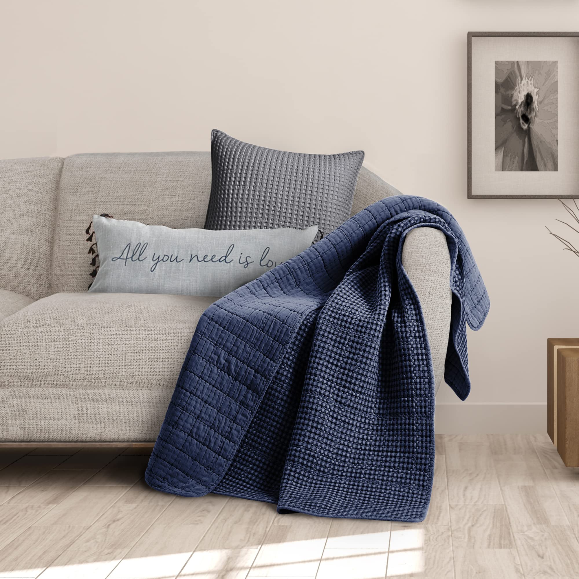 Levtex Home Mills Waffle Knit Throw Blanket - Navy Blue Cotton Waffle Weave - 50