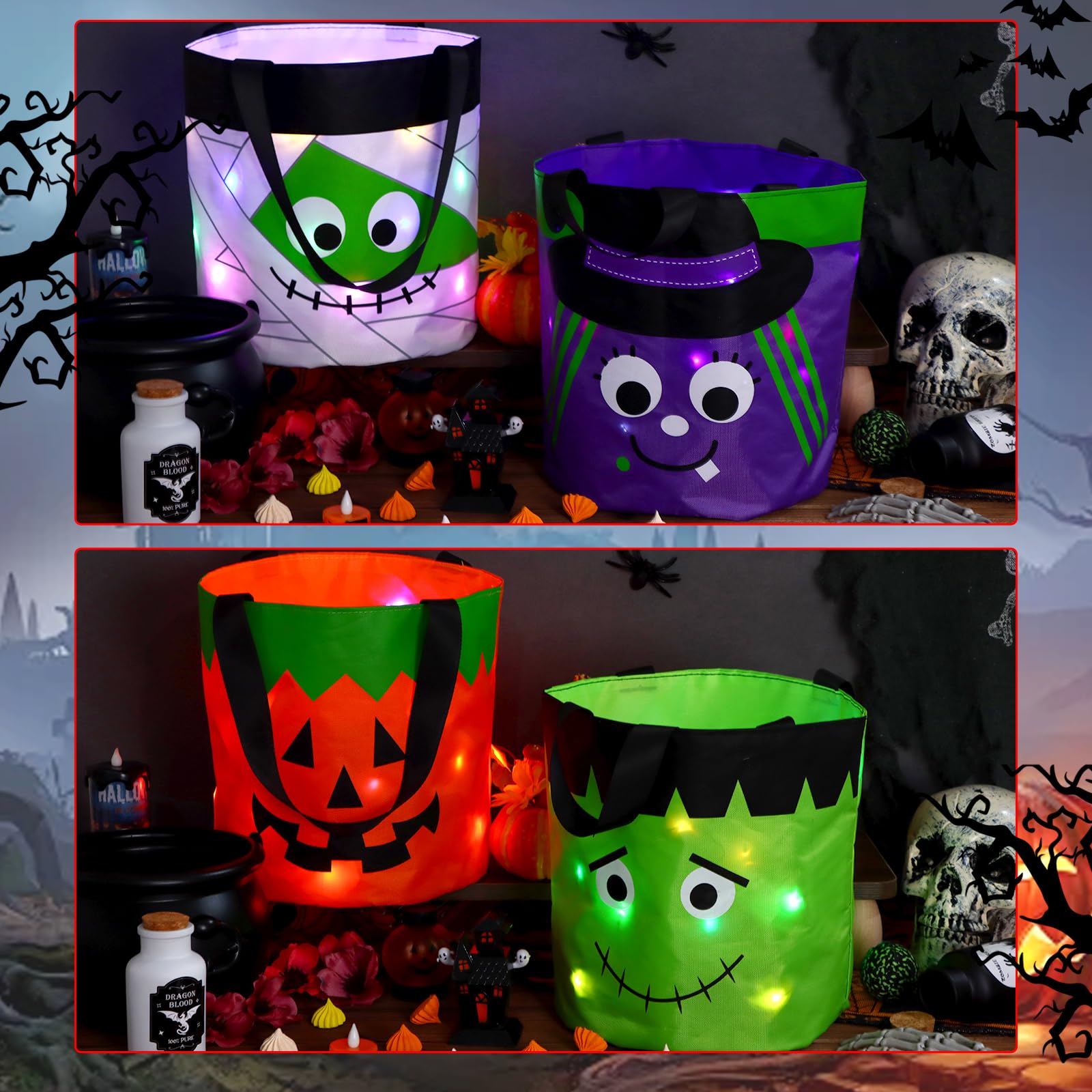 LED Light Up Halloween Trick or Treat Pumpkin Bucket - Collapsible Reusable Candy Basket with Handle, Fabric Tote Gift Goody Bags for Kids Halloween Party Favors (Green) - Perfect for Trick-or-Treating, Halloween Parties & Classroom Treats