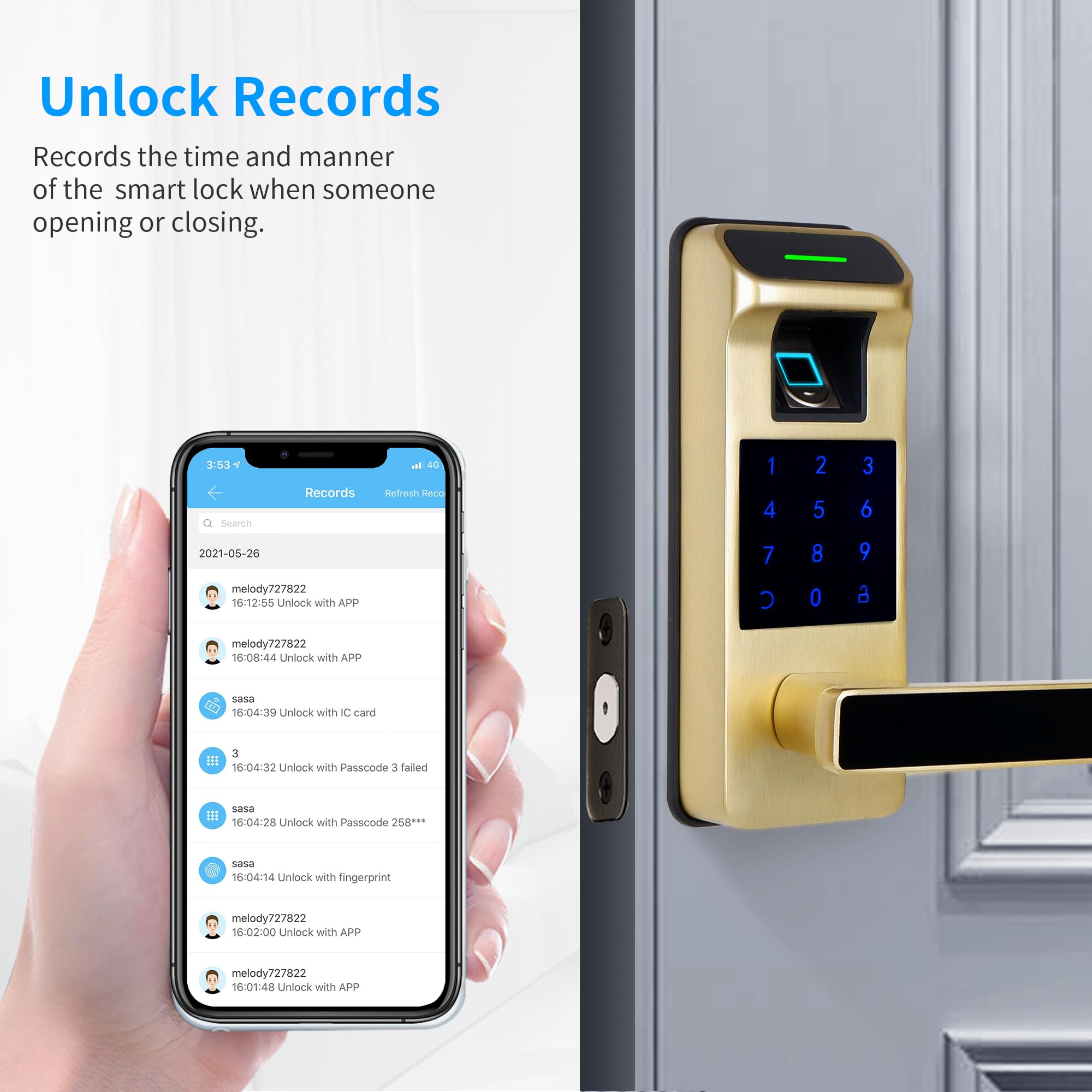 Harfo 5-in-1 Smart Fingerprint Door Lock - Keyless Entry with Touchscreen Keypad, Reversible Handle & Digital Security - Heavy Duty Electronic Keypad Lock for Home & Office (Gold) - Perfect for Modern Smart Homes & Secure Business Entrances
