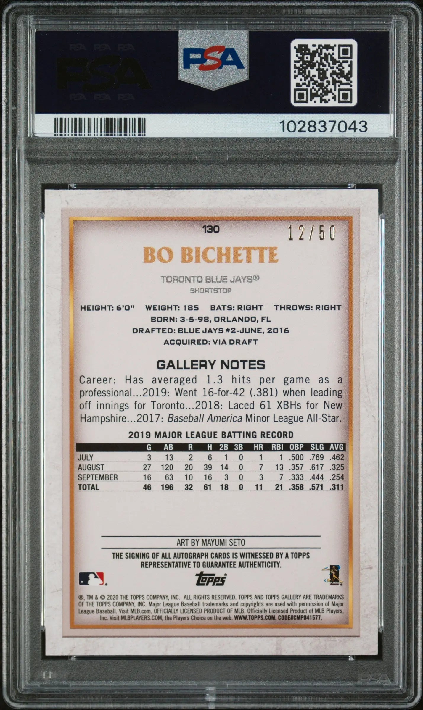 2020 Topps Gallery Baseball Bo Bichette RC Rookie Autograph Blue PSA 10 /50 - Rare Collectible for Baseball Fans & Card Investors - Perfect for Display, Trading, and Portfolio Growth