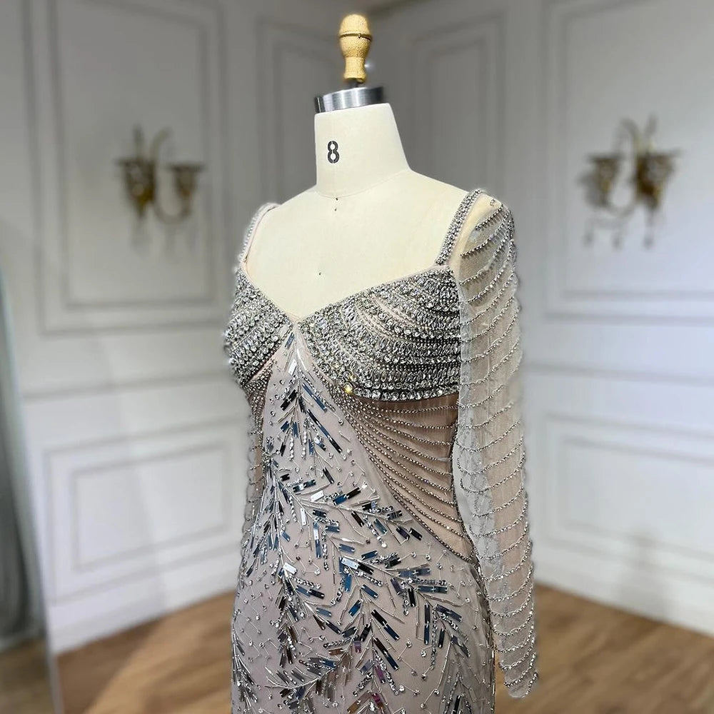 Elegant Arabic Silver Beaded Mermaid Evening Gown for Women - Luxury Dubai Wedding Party Dress 2025 LA72513 | Perfect for Formal Events, Galas & Special Occasions