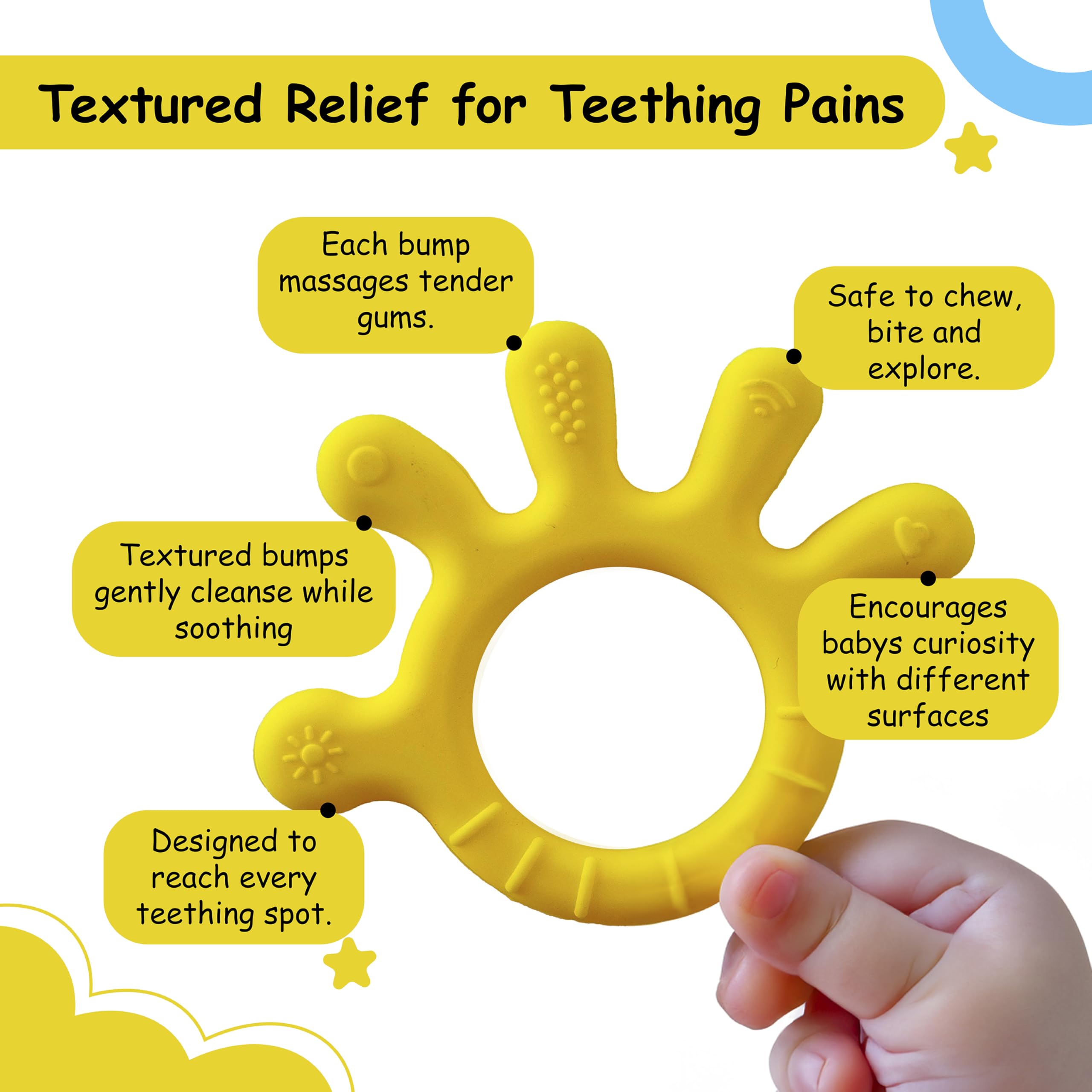 Chic Buddy Silicone Teether for Babies 3-12 Months - BPA Free Teething Toy with Soft Textures to Soothe Gums | Easy to Clean, No-Choke Design (Finger Delight Yellow) | Perfect for Home, Travel & Daycare Use