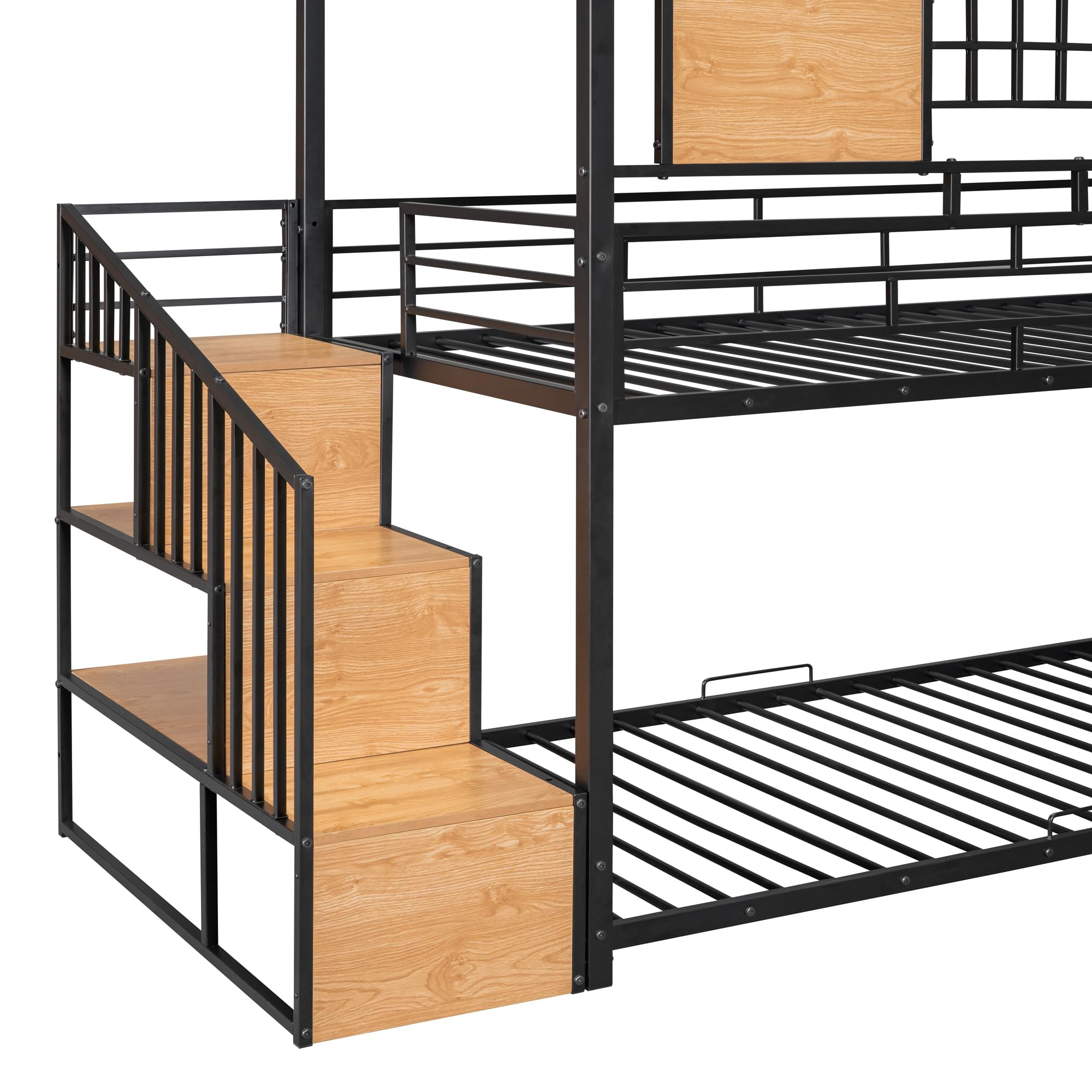 **Kids Metal Bunk Bed with Slide & Storage Stairs - Twin Over Twin House Bed with Full-Length Guardrails & Ladder - No Box Spring Needed (Black) - Perfect for Kids' Bedrooms, Playrooms & Sleepovers**