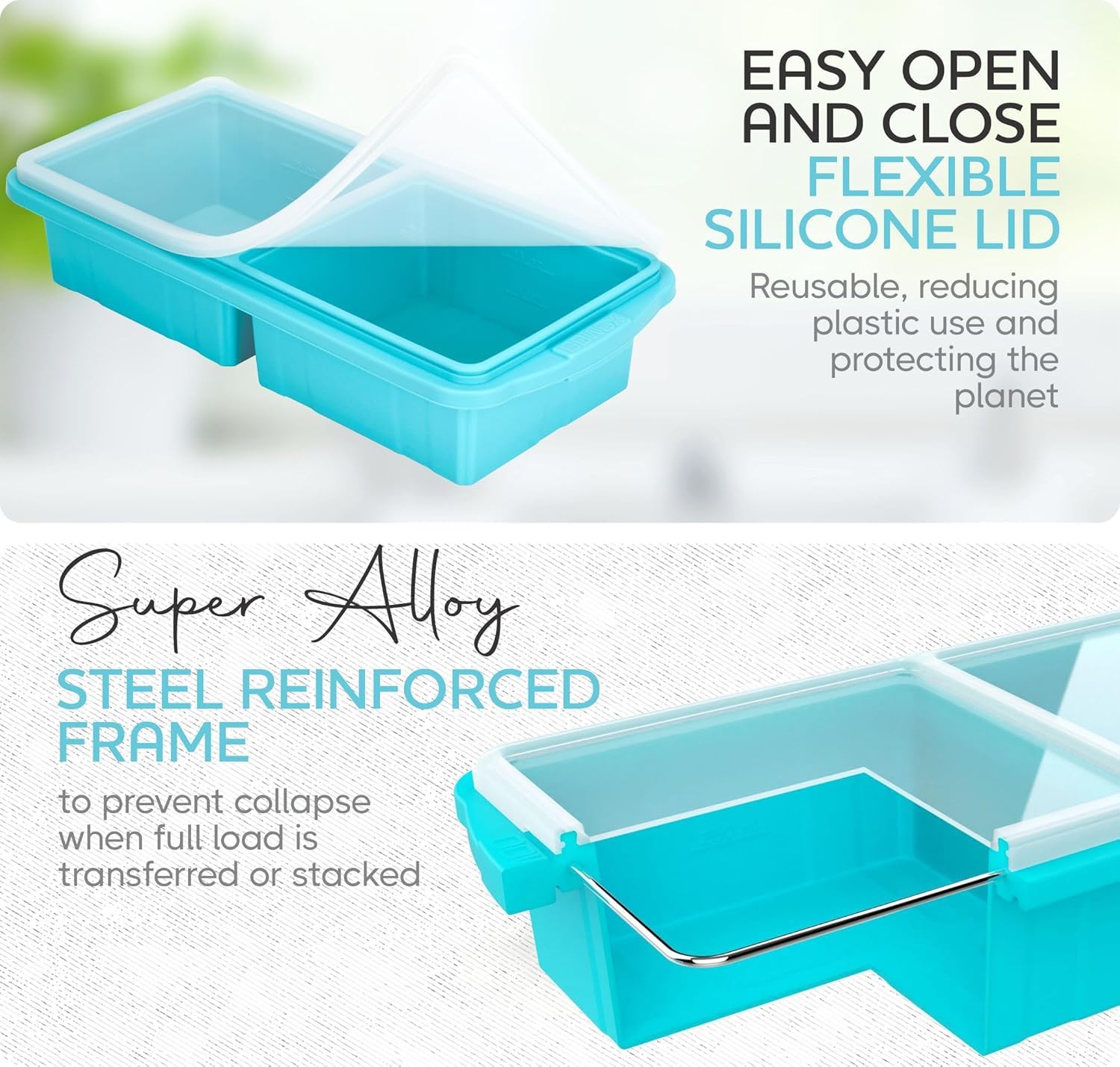 Extra Large Silicone Freezer Tray with Lid - 2-Cup Soup Freezer Container Molds (2-Pack) - Makes 4 Perfect 500ml Portion Cubes for Soup, Stew & Sauce - Oven & Dishwasher Safe - Ideal for Meal Prep, Baby Food Storage & Bulk Cooking