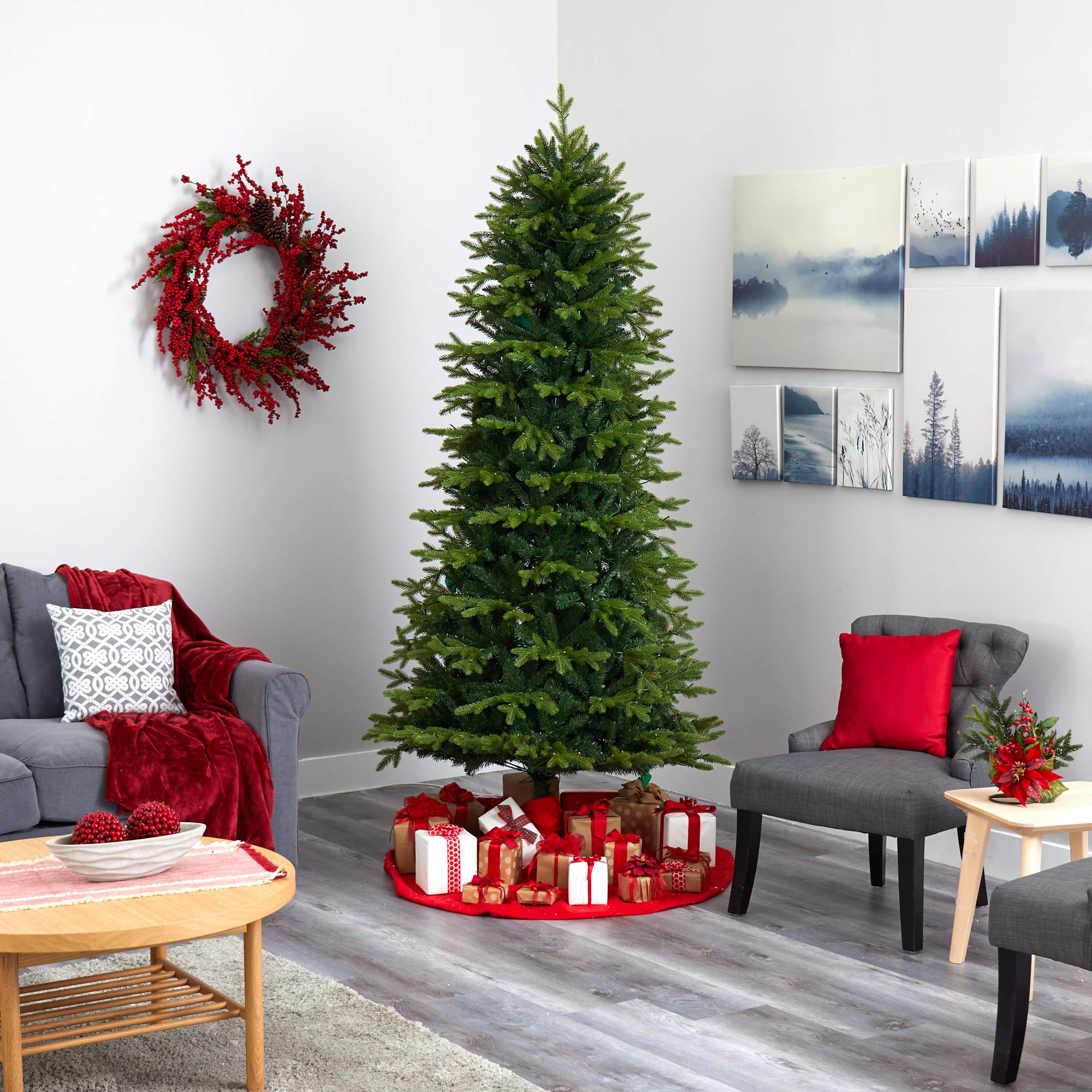 Nearly Natural 8ft Belgium Fir Artificial Christmas Tree with 650 Clear LED Lights - Realistic Holiday Decor for Home, Office & Party
