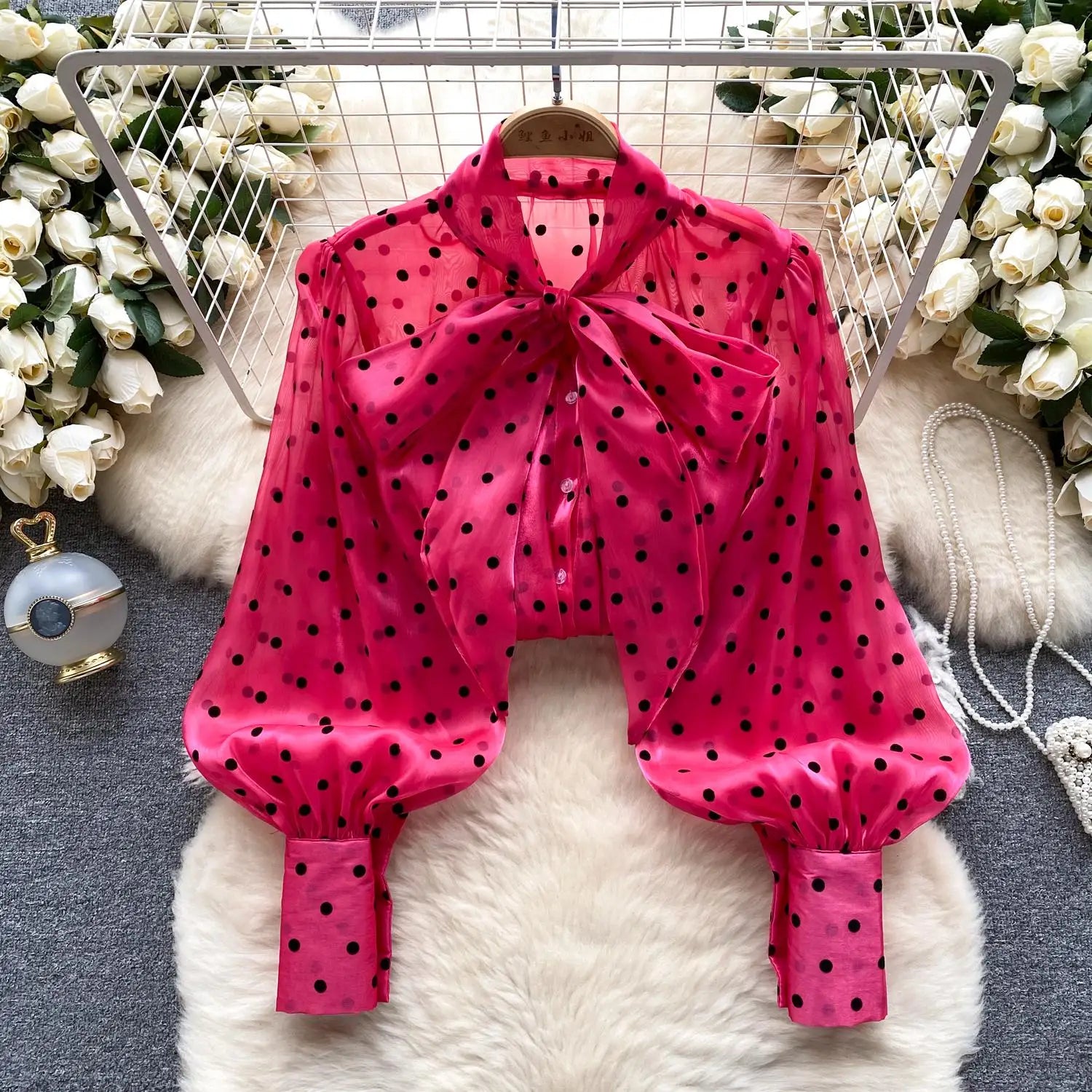 Vintage Polka Dot Women's Blouse - Elegant Long Sleeve Bow Tie Shirt for Office & Festival Wear | Autumn Fashion Loose Fit Tops for Ladies | Perfect for Work, Parties & Casual Outings