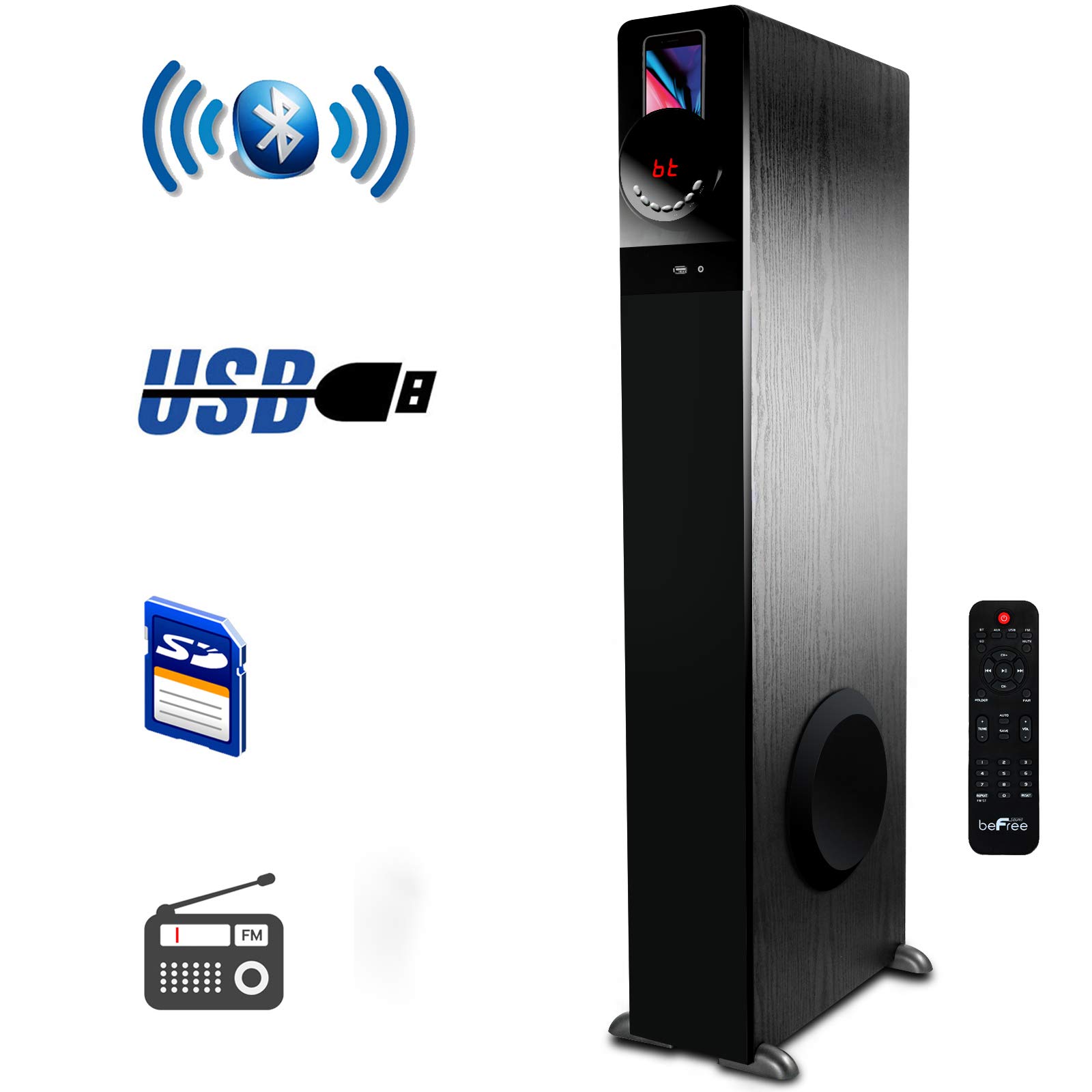 beFree Sound Bluetooth Tower Speaker - Wireless Portable Speaker with Powerful Bass, Black | Perfect for Home, Parties, and Outdoor Gatherings