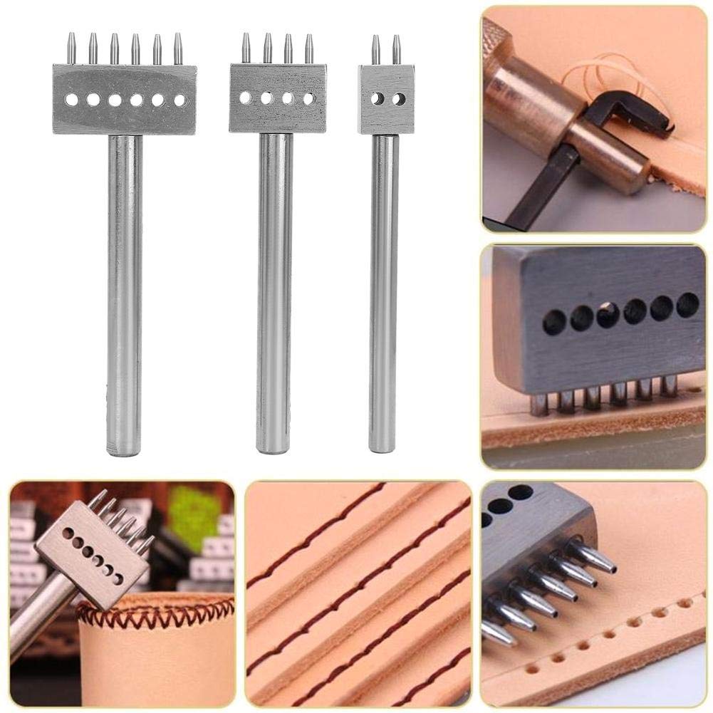 Professional Leather Stitching Tool Set - 3pcs Adjustable Spacing Hole Punch with Multiple Prong Heads (6mm) for DIY Leather Craft, Lacing & Repair | Perfect for Belts, Wallets, Bags & Leatherworking Projects