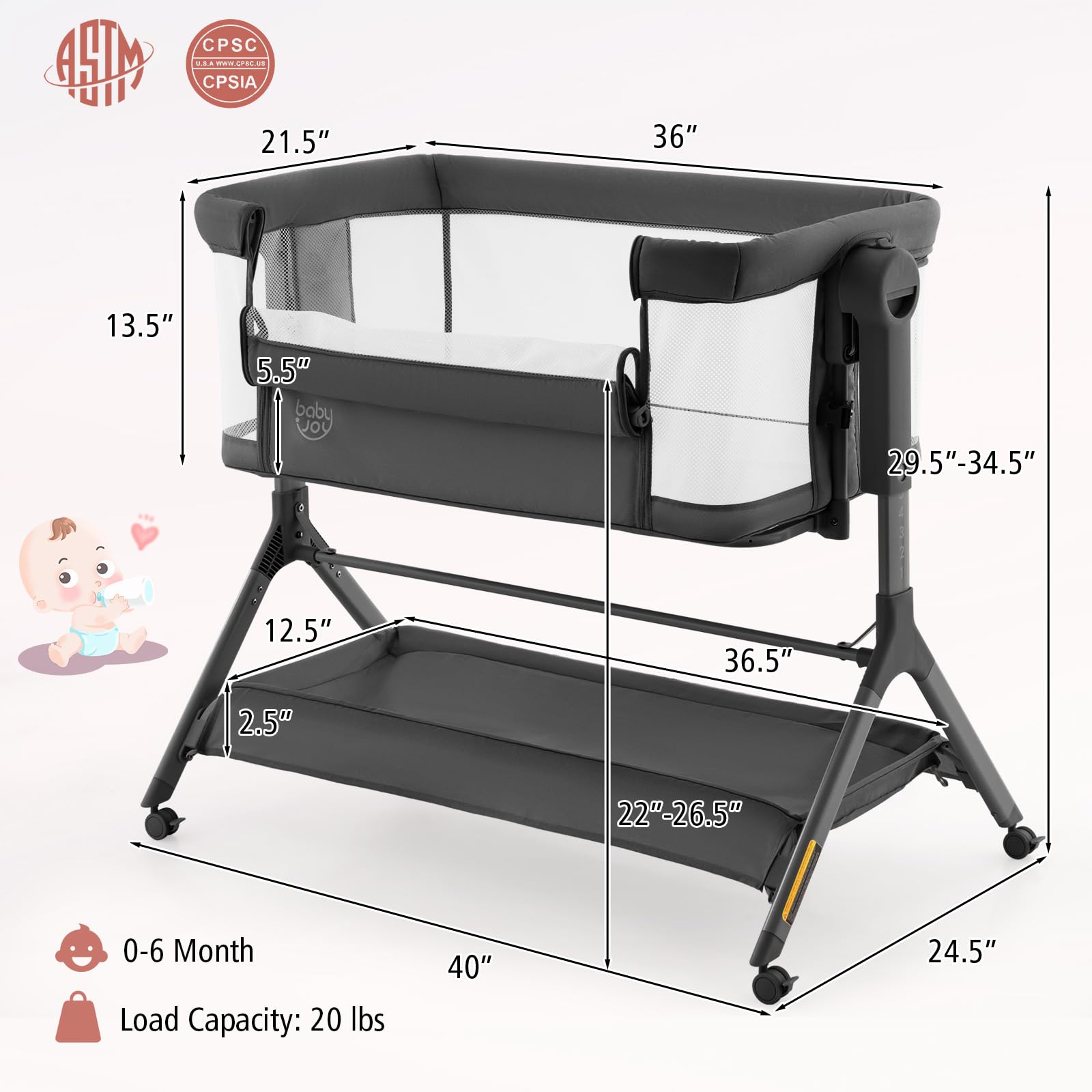 BABY JOY 3-in-1 Rocking Bassinet with Storage Basket - Adjustable Height Baby Bedside Sleeper with Universal Wheels, Mattress, Mesh Net & Portable Carry Bag - Perfect for Nursery, Bedroom & Travel (Gray)