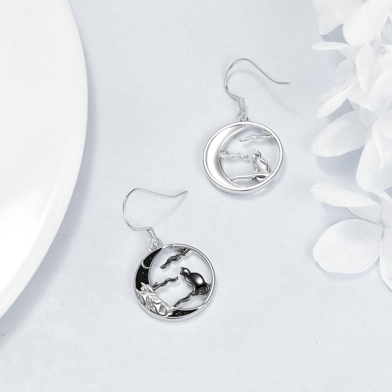Sterling Silver Black Cat Dangle Earrings for Women | Hypoallergenic Fashion Jewelry | Perfect for Halloween, Cosplay & Gothic Style Outfits