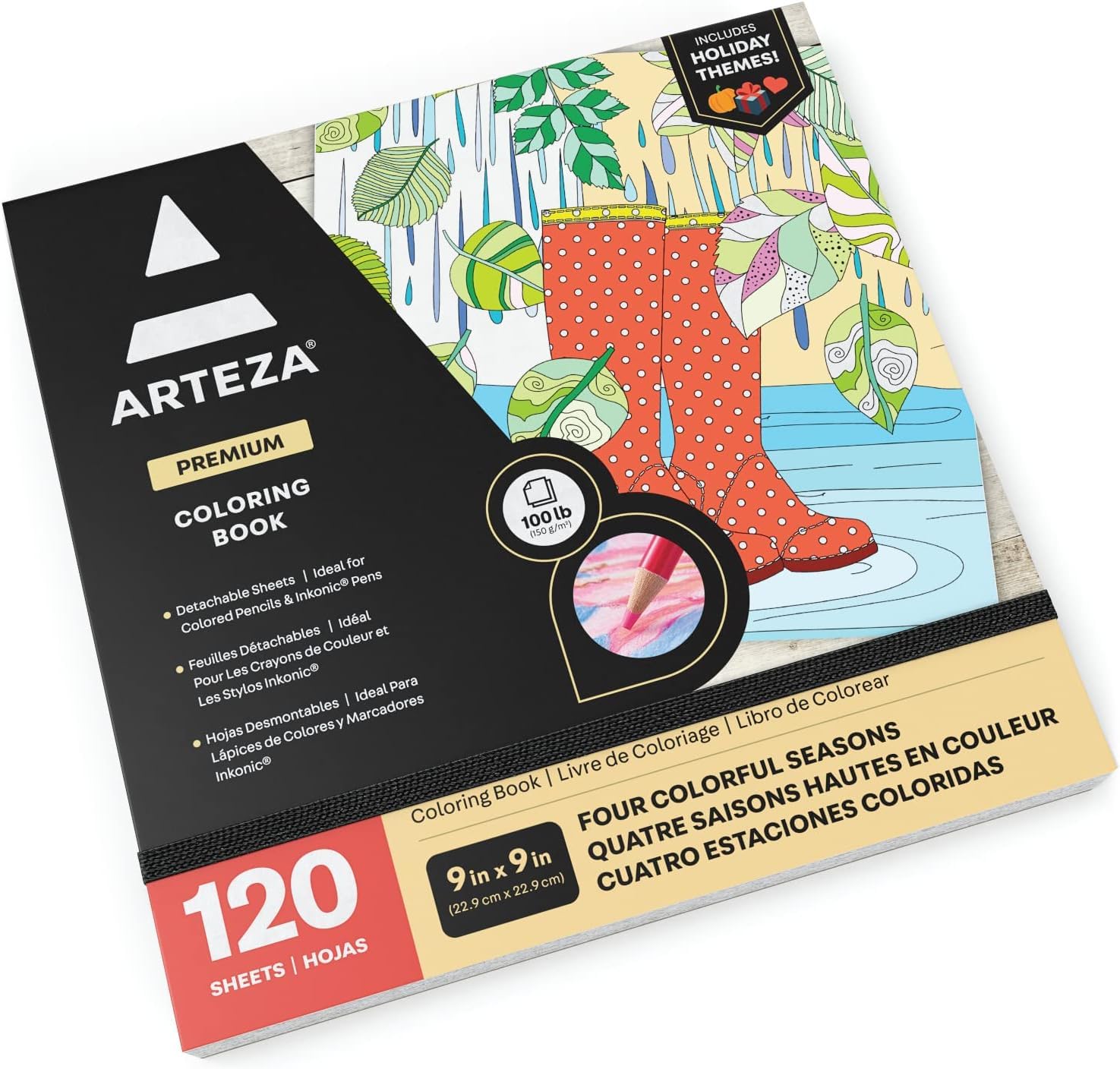 ARTEZA Adult Coloring Book - 4 Seasons Theme, 120 Sheets, 9x9 Inches Coloring Pages, 100 lb Thick Paper - Perfect for Stress Relief, Art Therapy & Creative Relaxation