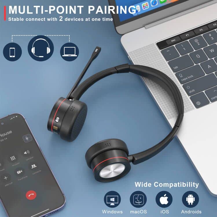 Wireless Bluetooth Headset with Noise Cancelling Microphone - Trucker Headset V5.2, 40 Hours Talk Time, Comfortable Office Headphones for PC, Call Center, Microsoft Teams, Zoom & VoIP - Perfect for Remote Work, Online Meetings & Customer Service