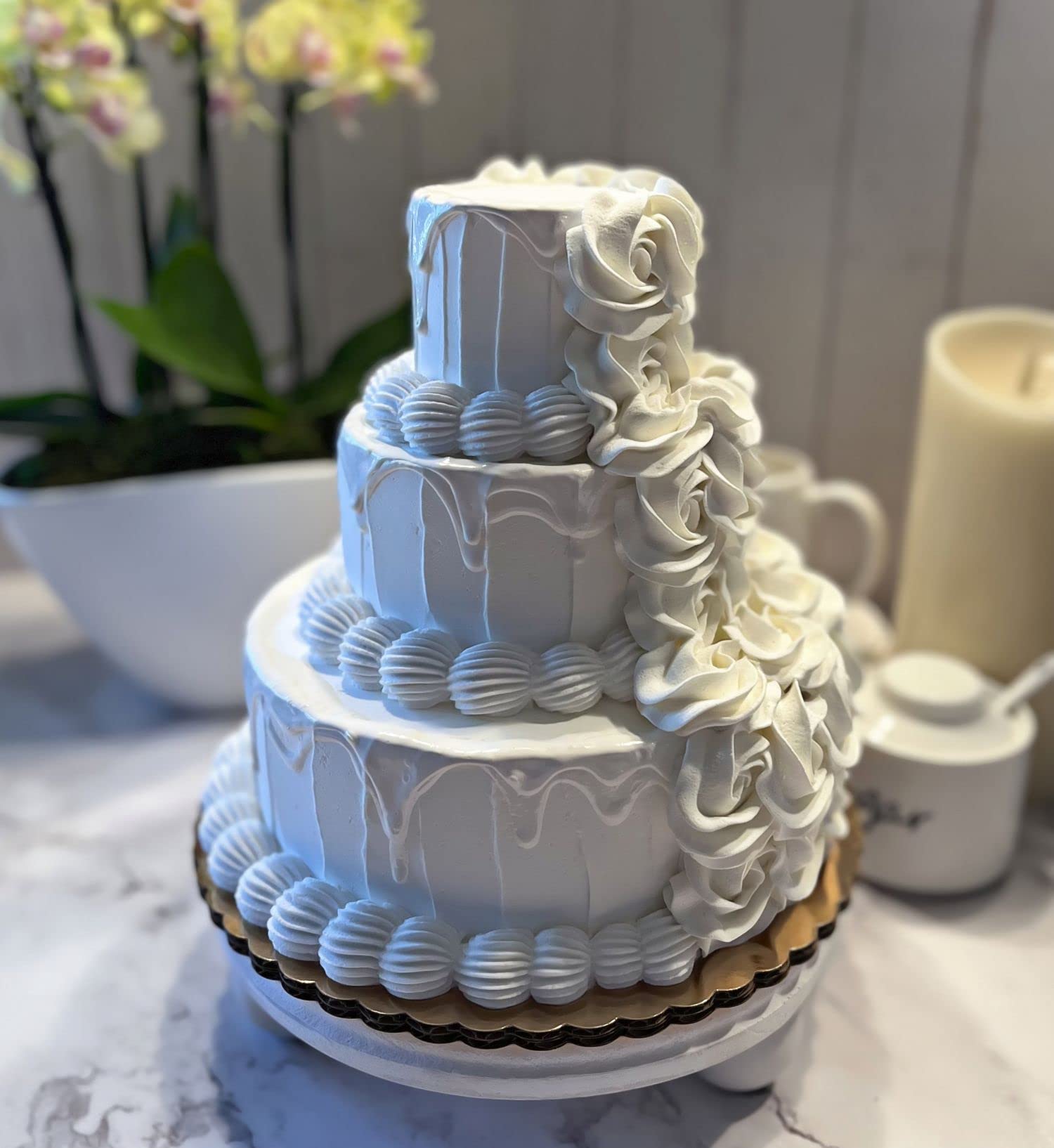Artificial Fake Cupcakes & Cakes for Display - 3 Tier Wedding Cake Decorations - Faux Dessert Food Props for Home Kitchen & Party Decor - Perfect for Wedding Centerpieces, Birthday Displays, and Bakery Window Decor
