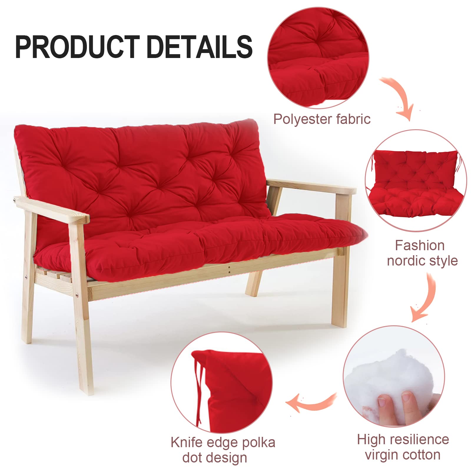 **Waterproof Outdoor Porch Swing Cushion with Backrest – Thick 2-3 Seater Bench Cushion for Garden, Patio, and Recliner Furniture (Red, 60x40in) – Perfect for Relaxing in Your Backyard or Deck**