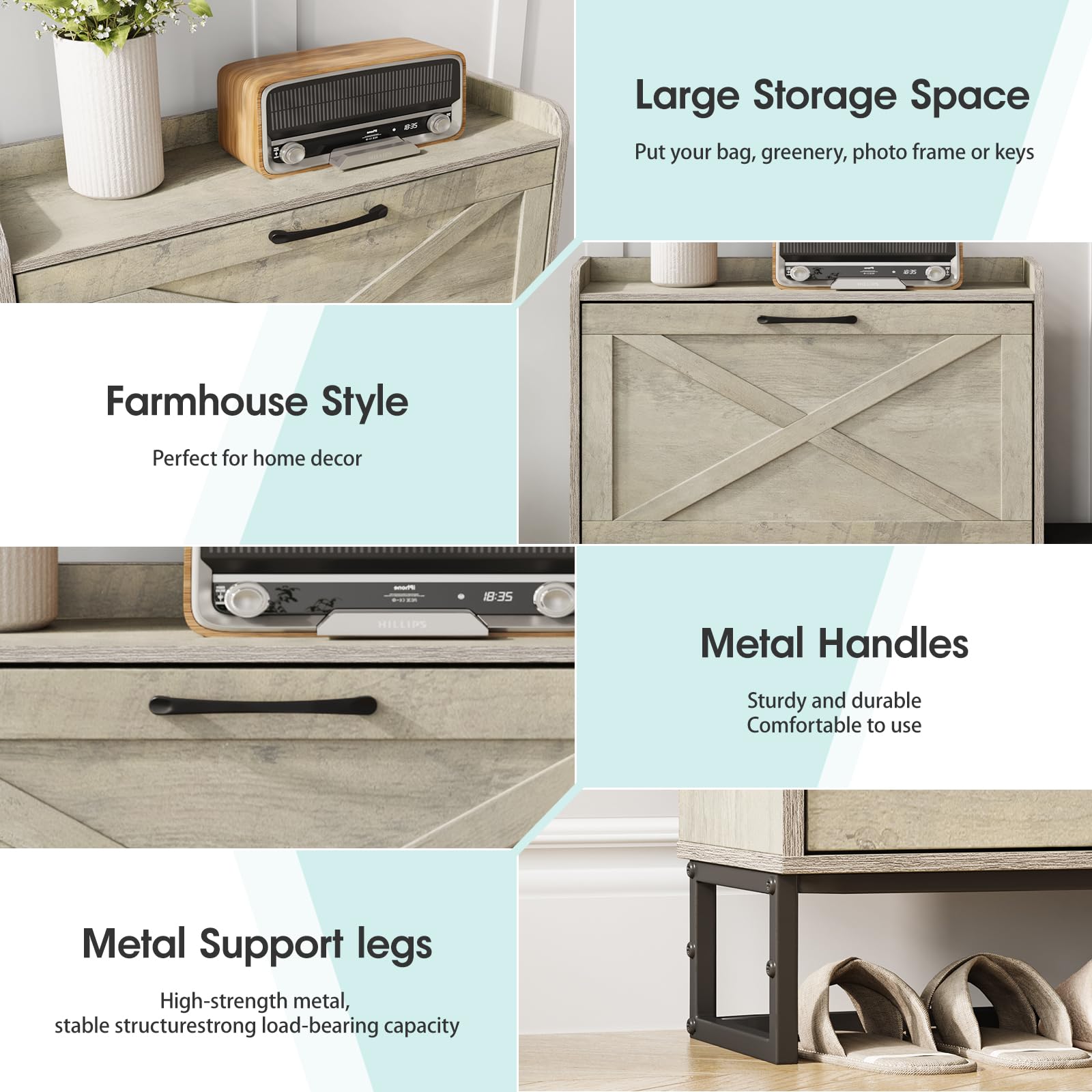 Maupvit 4-Tier Flip Drawer Shoe Storage Cabinet - Holds 28 Pairs, Entryway Shoe Bench & Hidden Organizer for Living Room, Hallway - Space-Saving Grey Shoe Rack (Perfect for Small Apartments & Cluttered Entryways)