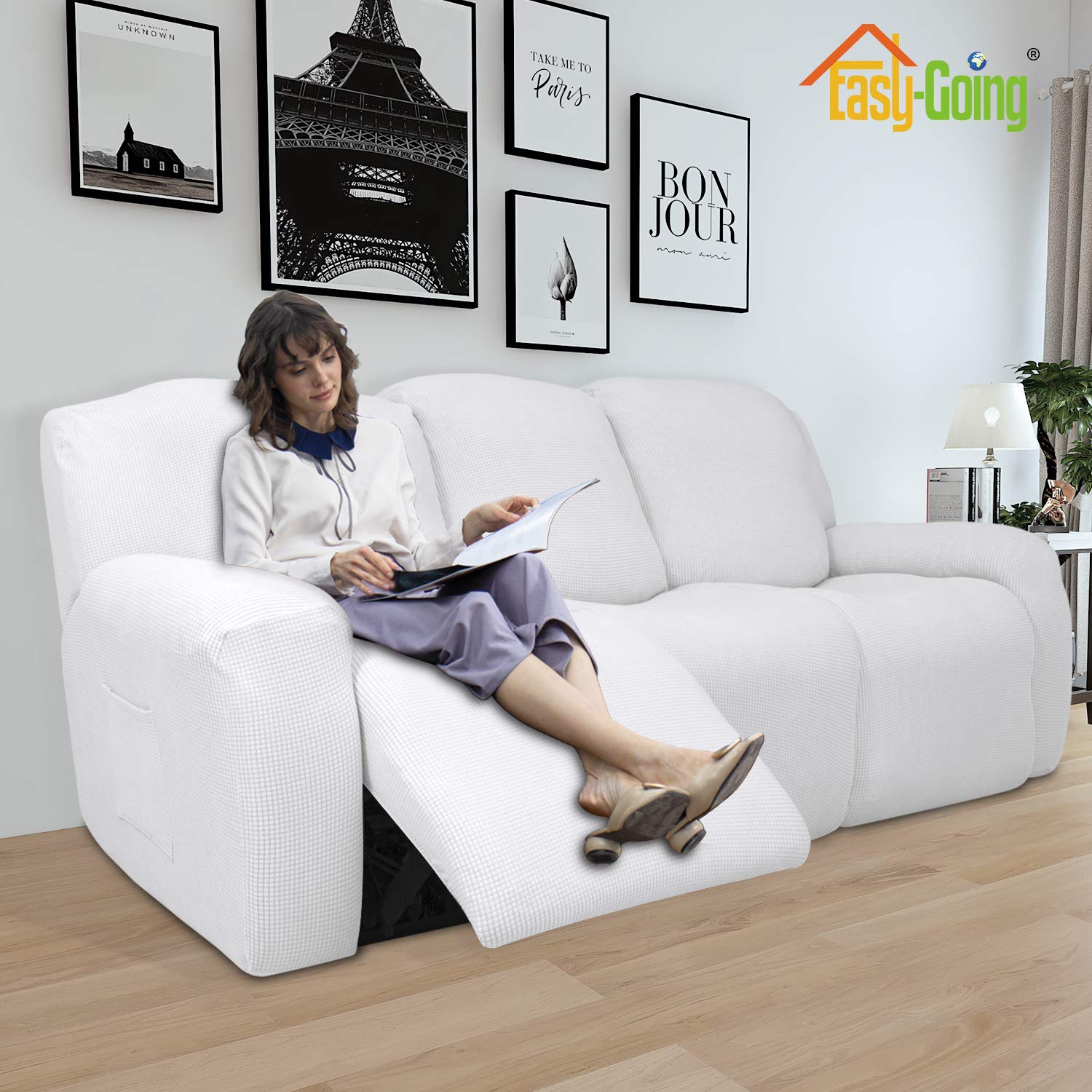 8-Piece Recliner Sofa Slipcover Set - Stretchable Furniture Protector with Elastic Bottom, Soft Spandex Jacquard Fabric (Snow White Small Checks) - Perfect for Living Room, Family Gatherings & Pet-Friendly Homes