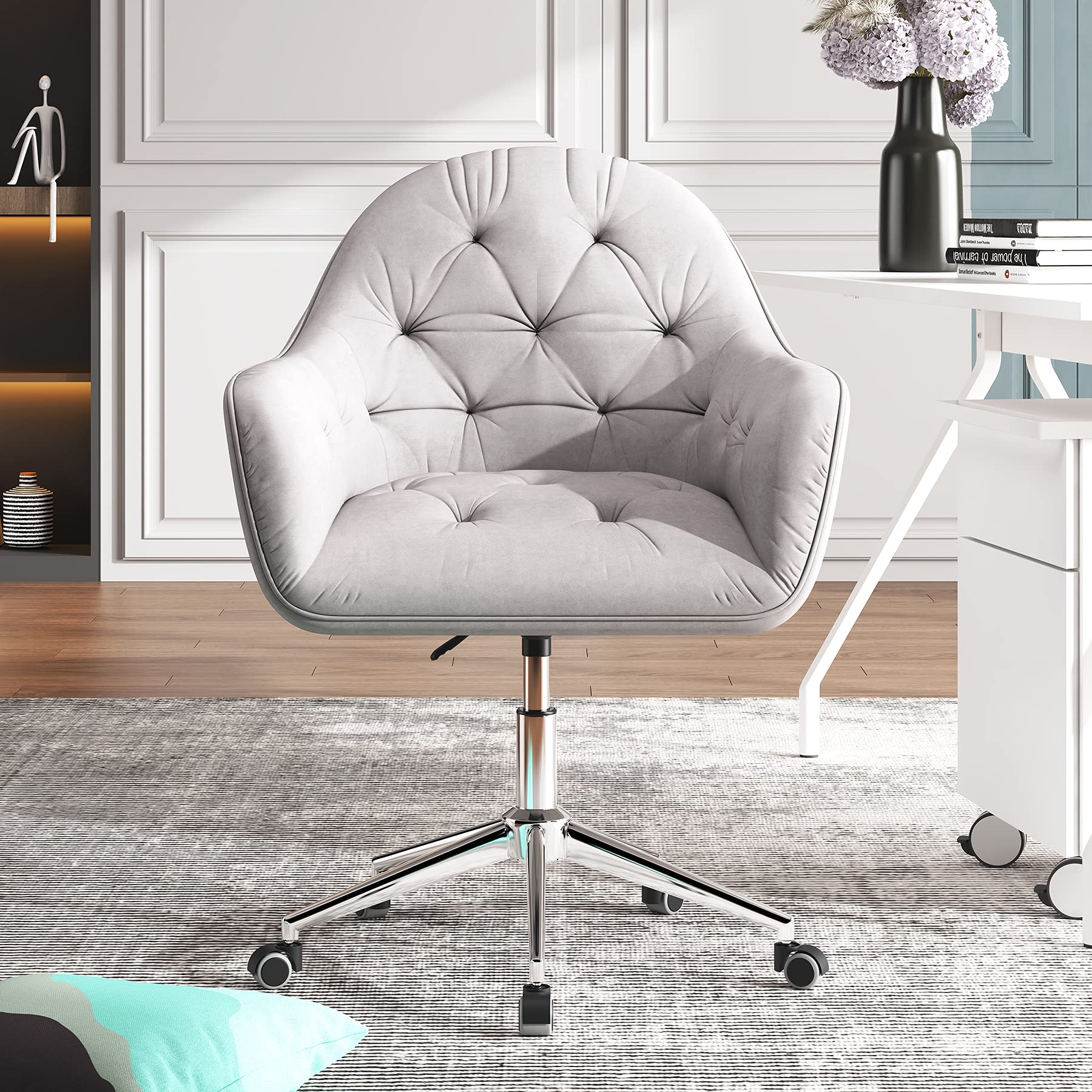 CAELUM Rolling Swivel Computer Desk Chair - Velvet Upholstered Ergonomic Office Chair for Home Office, Study, Bedroom, Gaming (Gray) | Perfect for Remote Work, Online Classes & Small Spaces