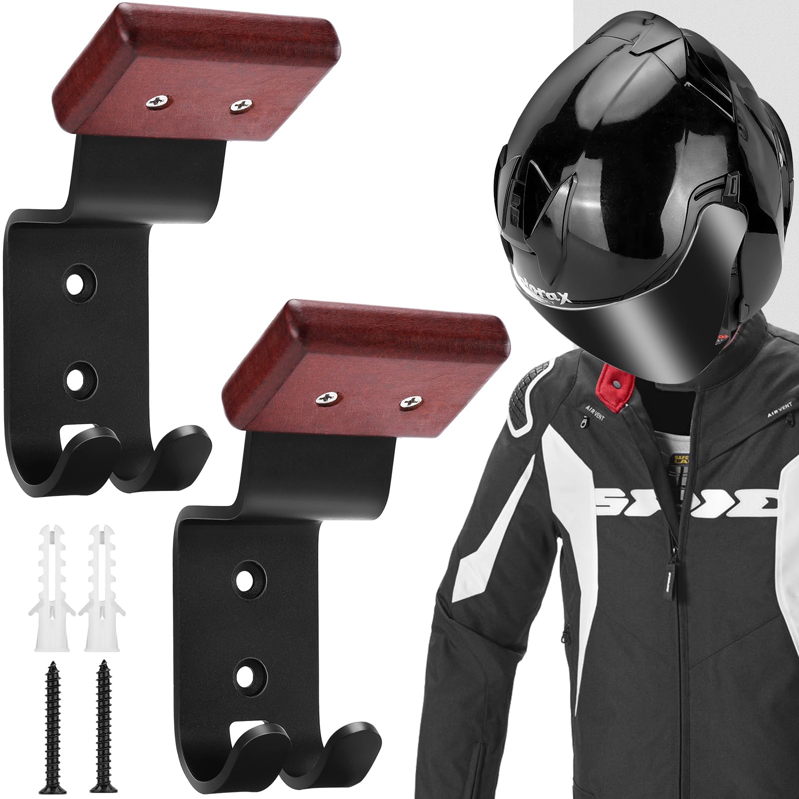 2 Pack Motorcycle Helmet Holder Wall Mount - Heavy Duty Double Hook Helmet Rack for Football Helmets, Hats, Coats & Sportswear - Durable Motorcycle Accessories for Men (Perfect for Garage, Bedroom & Entryway Organization)