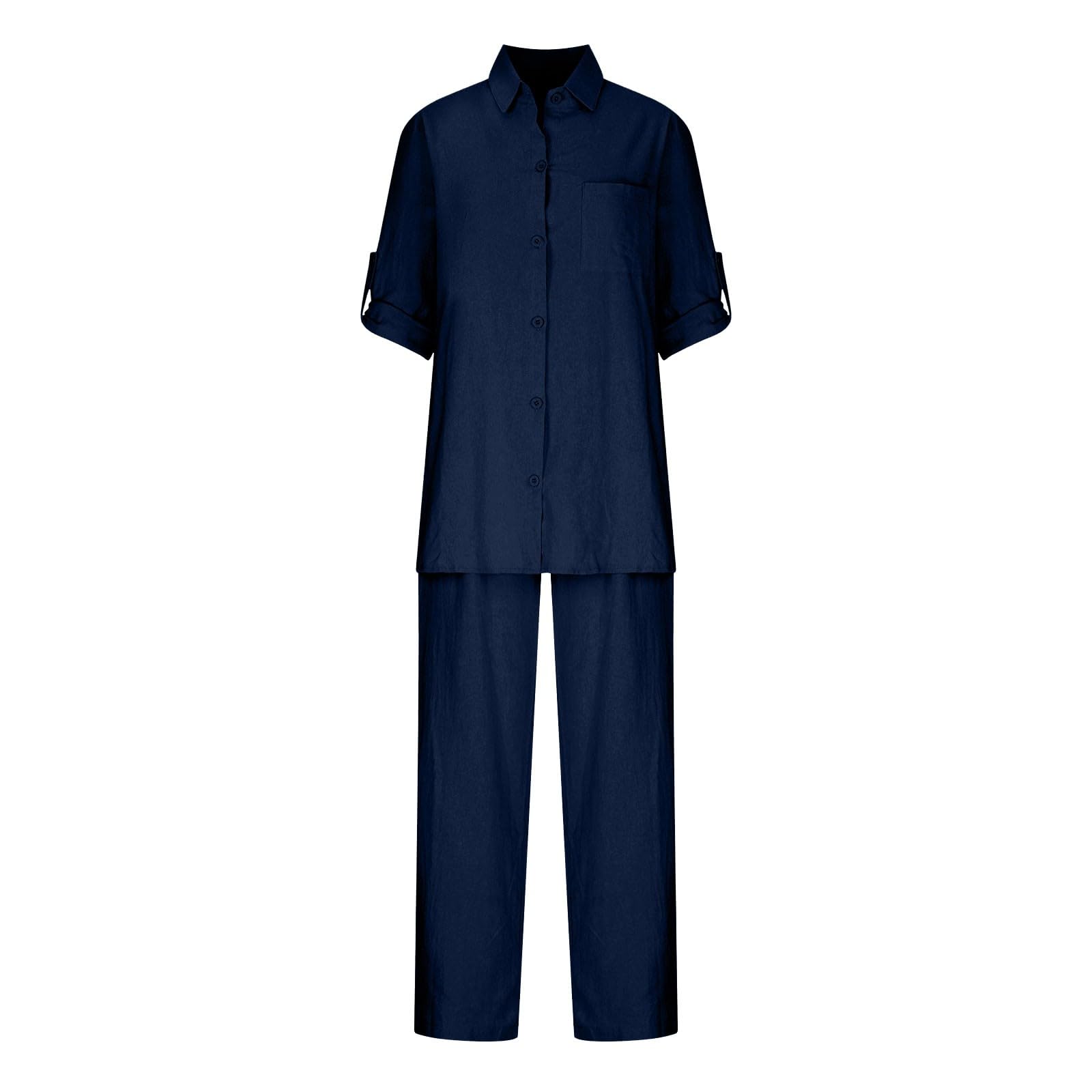 Women's Two Piece Outfits - Oversized Long Sleeve Tops & Pants Sets for Fall & Spring | Casual Cotton Linen Lounge Wear with Pockets | Perfect for Work, Travel & Everyday Comfort