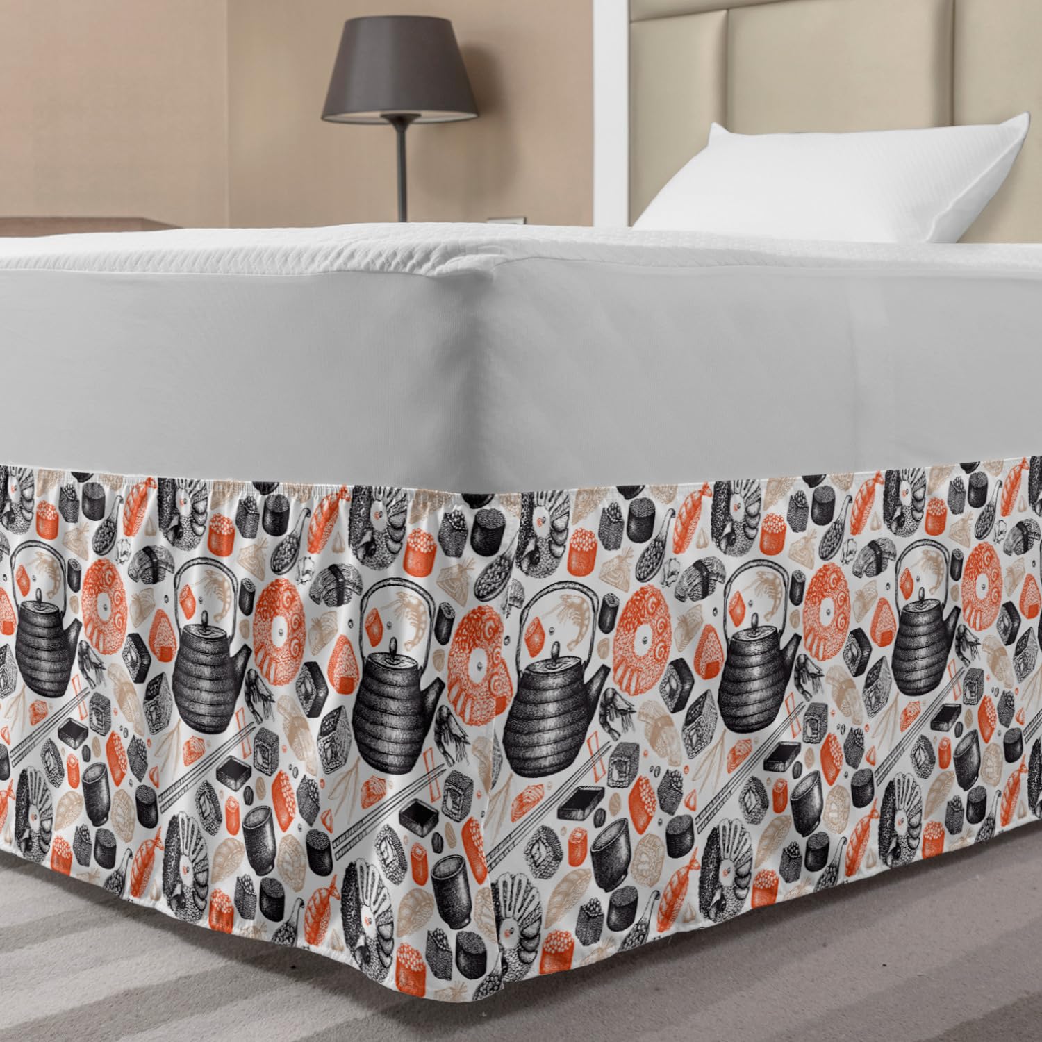 Ambesonne Sushi Bed Skirt - Shrimp Sushi Print Twin/Twin XL for Modern Bedroom Decor