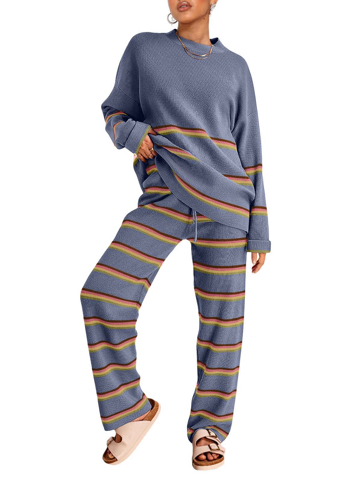LILLUSORY Women's 2-Piece Lounge Set - Oversized Striped Knit Sweater & Pants Outfits for Fall 2025 | Cozy Casual Wear for Home, Travel & Weekend Relaxation