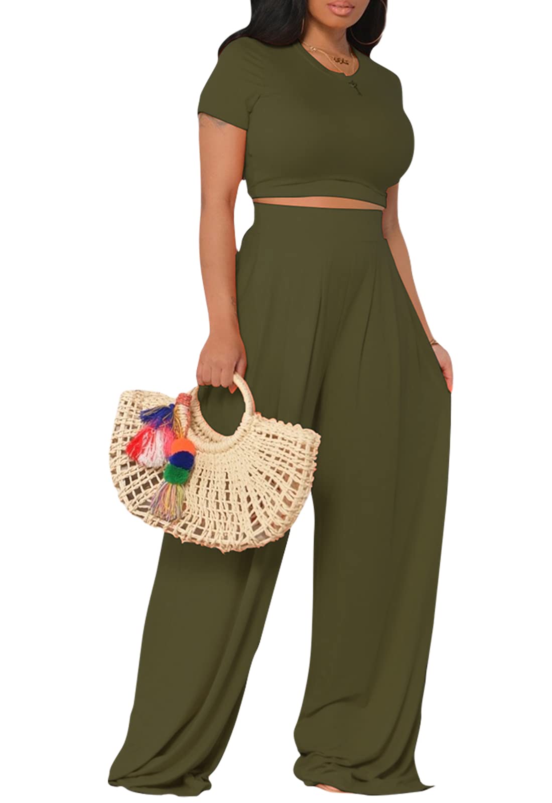 Stylish Women's 2 Piece Summer Outfit Set - Short Sleeve Crop Top & Wide Leg Pants | Casual Jumpsuit Alternative for Beach, Vacation & Streetwear Fashion