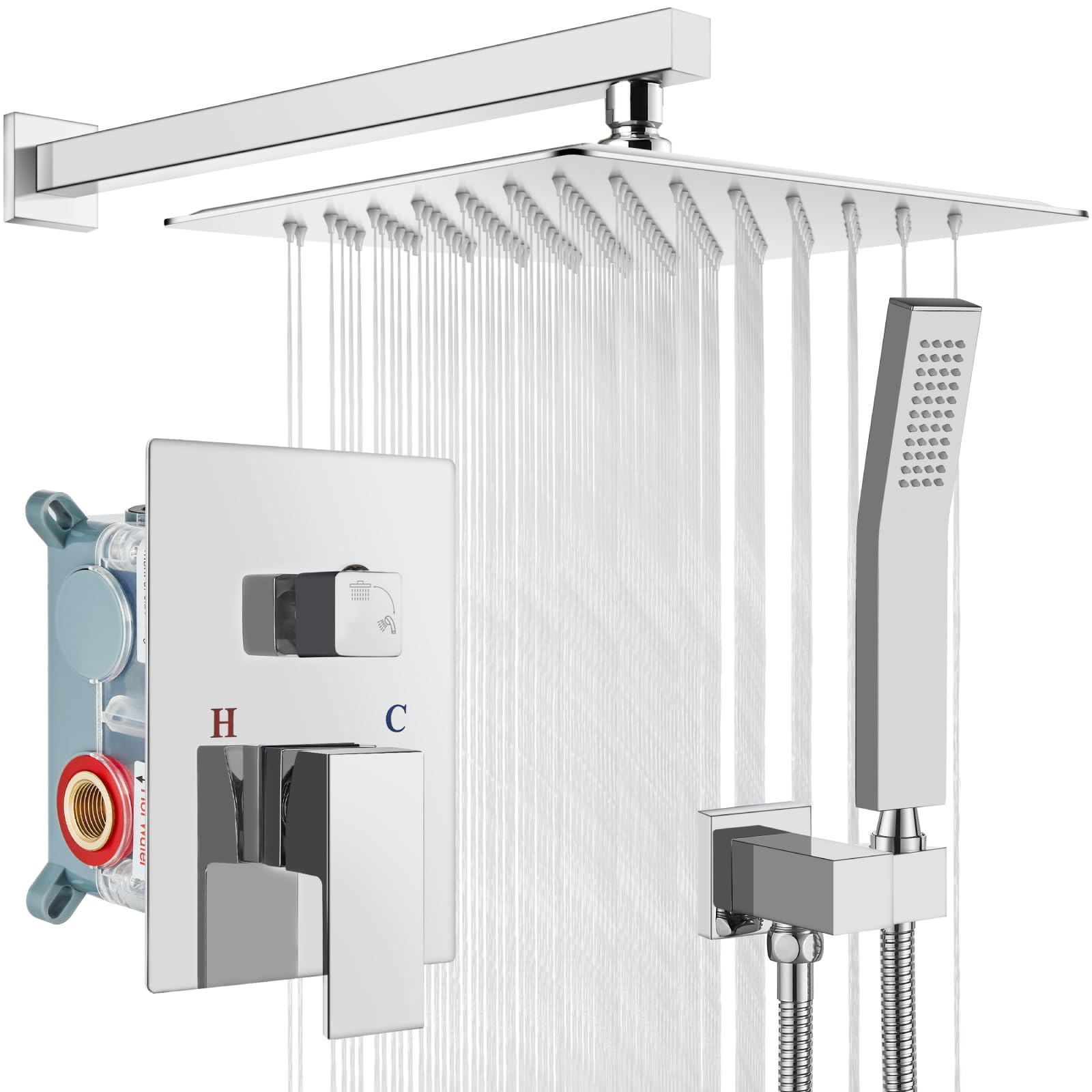 Gotonovo Rainfall Shower System - 10 Inch Wall Mounted Shower Head and Handle Combo with Solid Brass Pressure Balancing Mixer Valve in Polished Chrome - Perfect for Luxurious Spa-Like Bathroom Experience