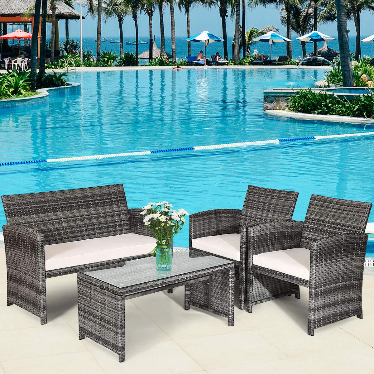 4-Piece Wicker Patio Furniture Set with Rattan Sofa Chairs, Removable Cushions & Tempered Glass Coffee Table - Outdoor Conversation Set for Garden, Lawn, Poolside or Backyard Relaxation