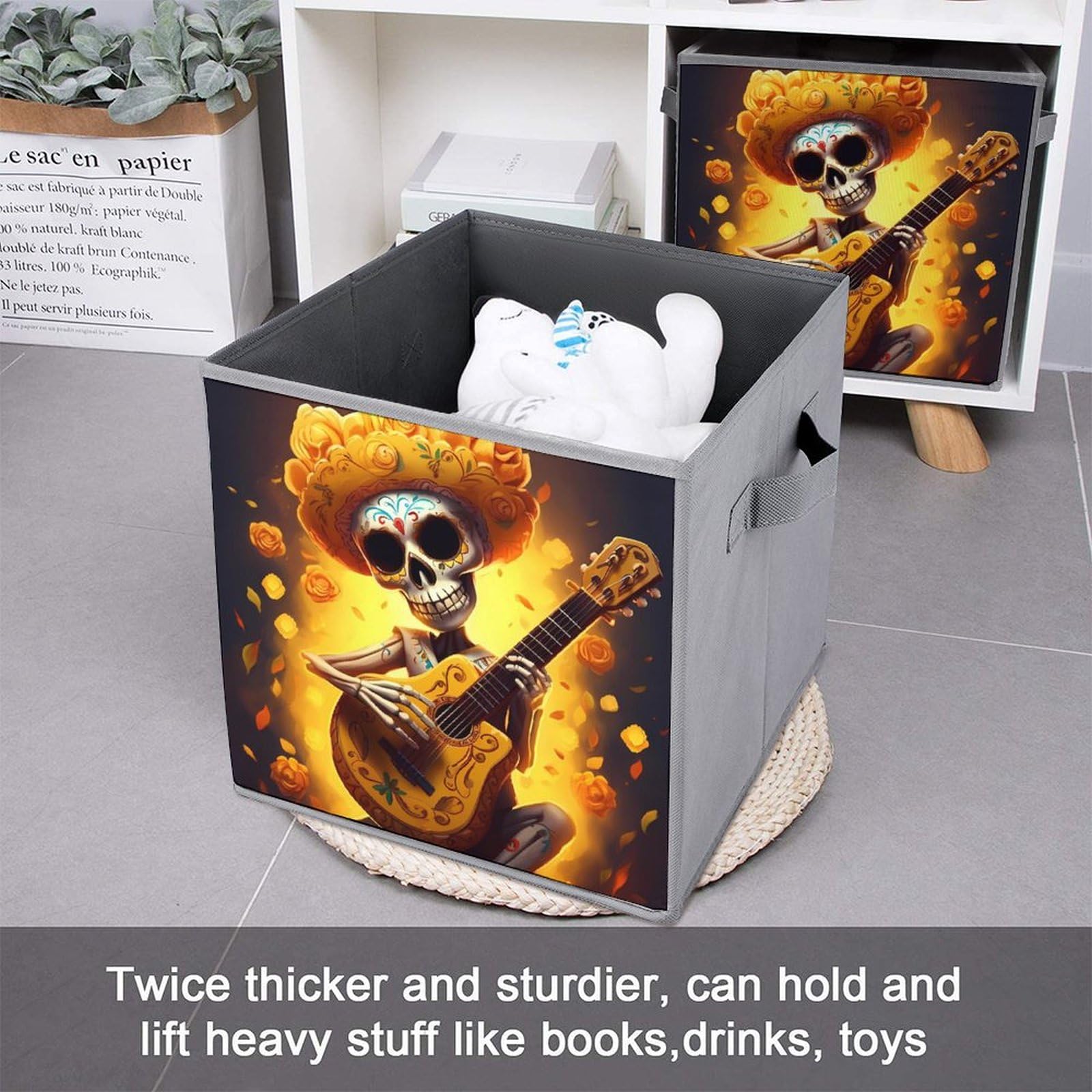 Funny Skull Playing Guitar Yellow Flower Foldable Storage Cube Organizer with Handles - Square Storage Basket for Home, Office & Kids Room Organization (1 Pack) - Perfect for Toys, Books & Clothes Storage