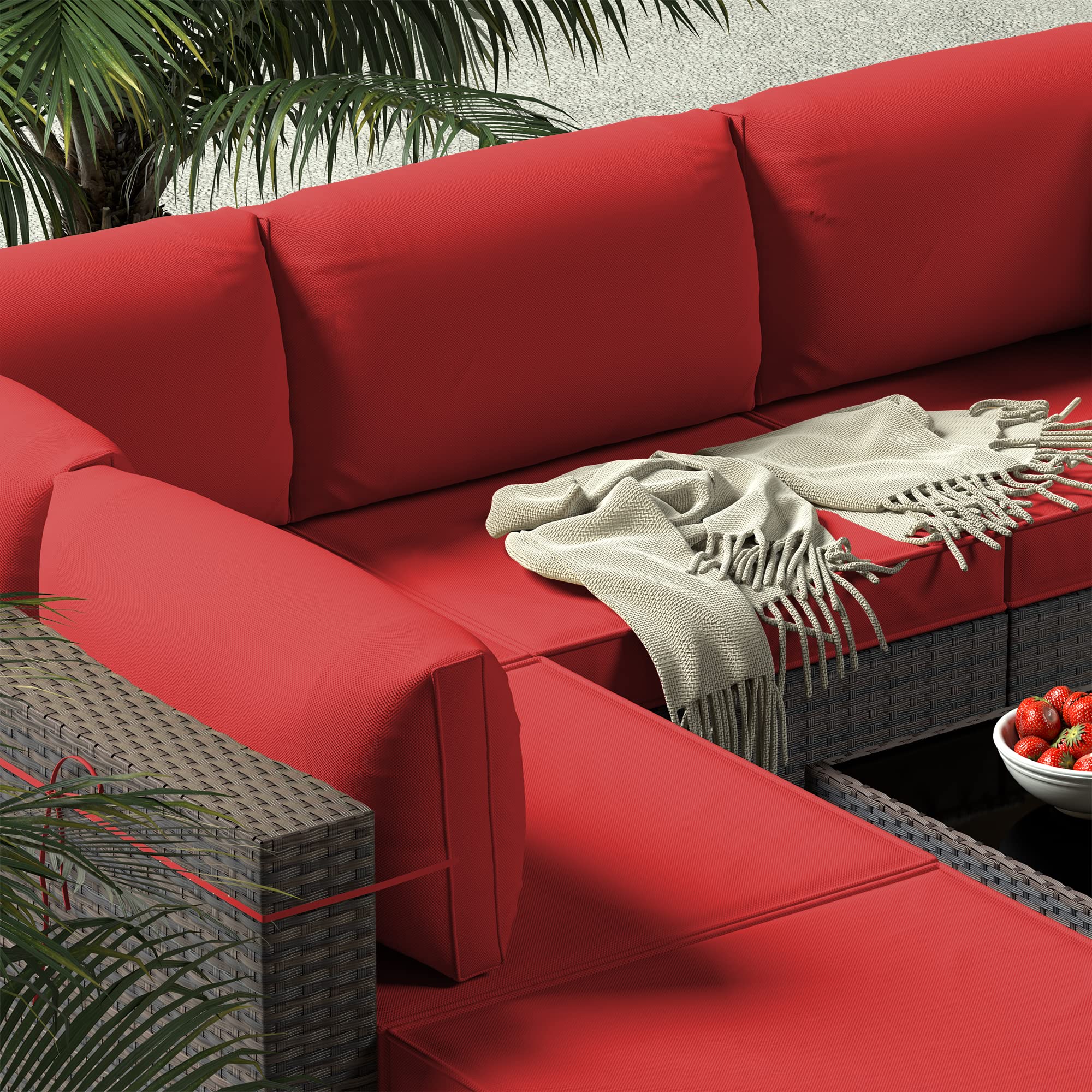 Gotland 7-Piece Outdoor Patio Furniture Set - All-Weather PE Rattan Sectional Sofa with Replaceable Red Waterproof Cushions & Coffee Table - Perfect for Garden, Backyard, Poolside & Balcony Relaxation